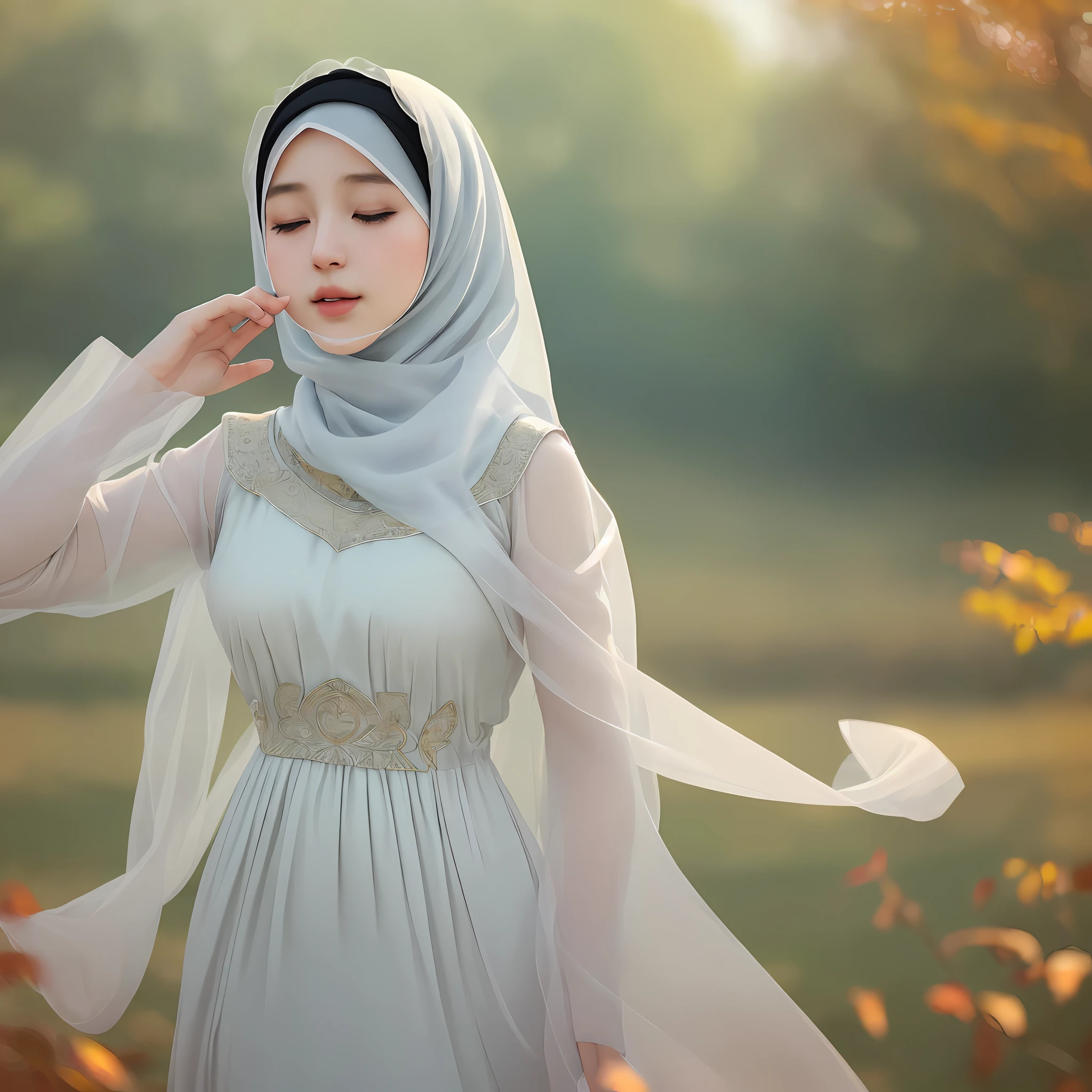 (RAW photo, best quality), (realistic, photo-realistic:1.3), 1 girl, solo girl, extremely delicate and beautiful, Amazing, finely detail, masterpiece, ultra-detailed, highres,(best illustration), (best shadow),intricate,depth of filed, On a summer afternoon, a lovely female muslim dress with tunic, pashmina hijabs, In the golden hues of autumn, creating a soothing sound. She closes her eyes, immersing herself in harmony with nature,(blurry background:1.4), sharp focus, volumetric fog, 8k UHD, DSLR, high quality, (film grain:1.4), Fujifilm XT3,