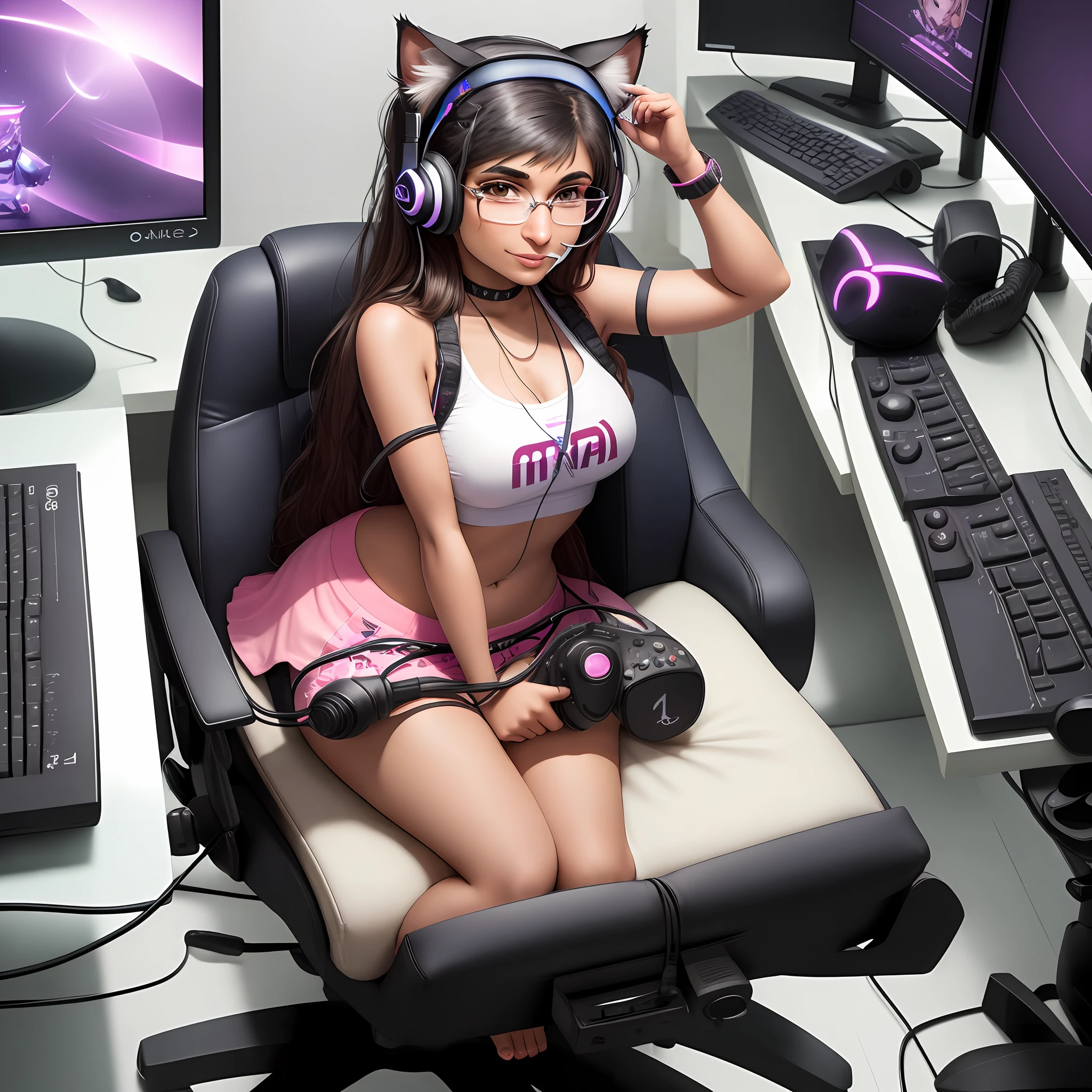 Mia Khalifa gamer girl, sitting on gamer chair, infront of pc, 1 monitor,  infront of monitor, looking at monitor, holding a controller, wearing a headset with cat ears, viewer is lookin at Mia from over the monitor
