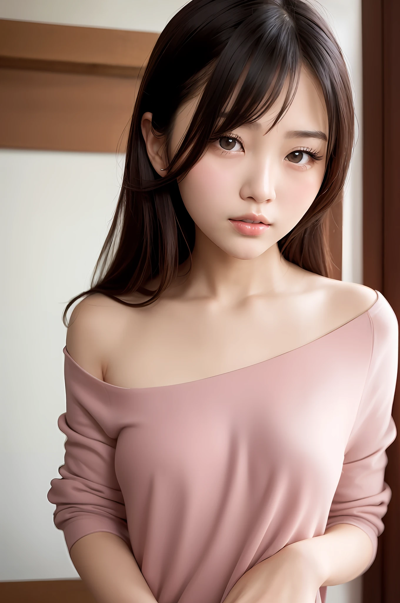 Gentle and charming Chinese beautiful woman, half body photo, delicate and sexy collarbone, charming oval face, double eyelids, smart peach blossom eyes, pink lips, small upturned nose, bare shoulders, focused face, face close-up, ultra-high-definition, Super detailed and standing elegantly, this appliquéd cotton-jersey sweatshirt is crafted from a mid-weight cotton-jersey with a small appliqué on the chest and has a loose, slouchy silhouette. Wear it with jeans.
