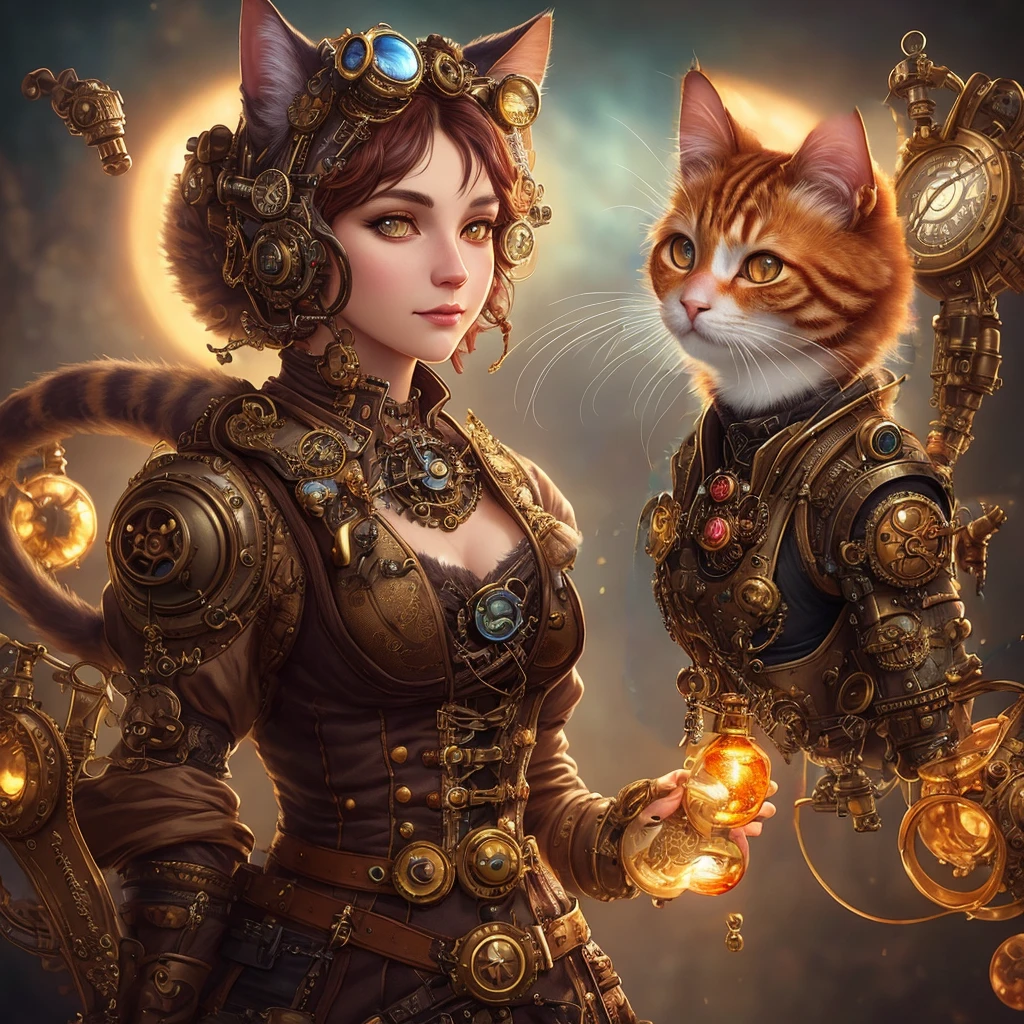 whimsical detailed steampunk ginger cat, bold colors, contrast, intricate fantasy extremely hyperdetailed, studio photography, backlight, oil painting, octane render, hyperrealistic, 8K, Hasselblad, ornately detailed, pretty face, photorealistic, octane render, Artgerm, WLOP, tom bagshaw, magali villenueve