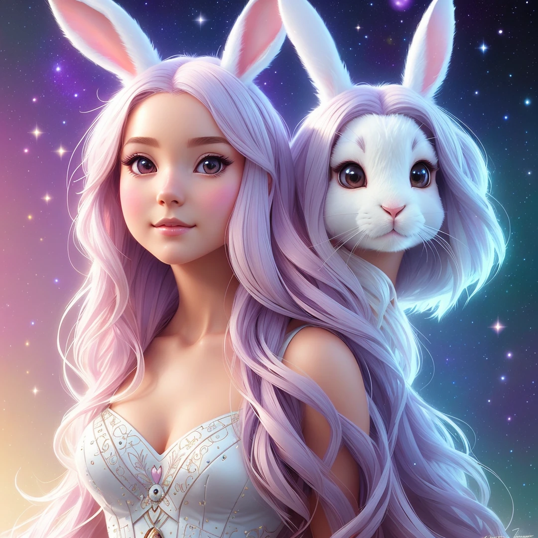 a cute bunny in galaxy, disney style, pixar style, intricate, elegant, highly detailed, photorealistic, hair, artstation, pinterest, sharp focus, art by artgerm and greg rutkowski