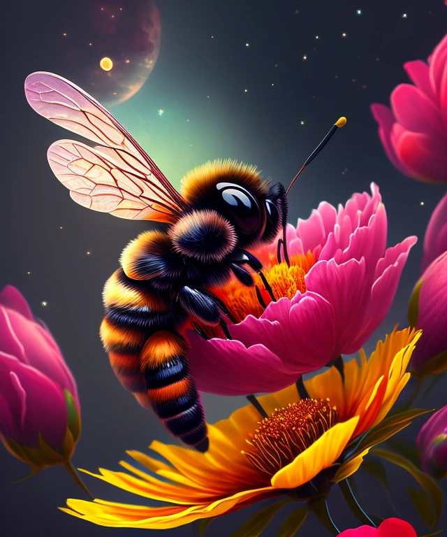 A beautiful cartoon bee with hyper detailed bright expressive eyes, sits on a peony flower, night, moon, milky way, beautiful, fabulous, atmospheric, fantasy, concept art, botanical art, high resolution, 32k, red fog, soft lighting, moderate color palette