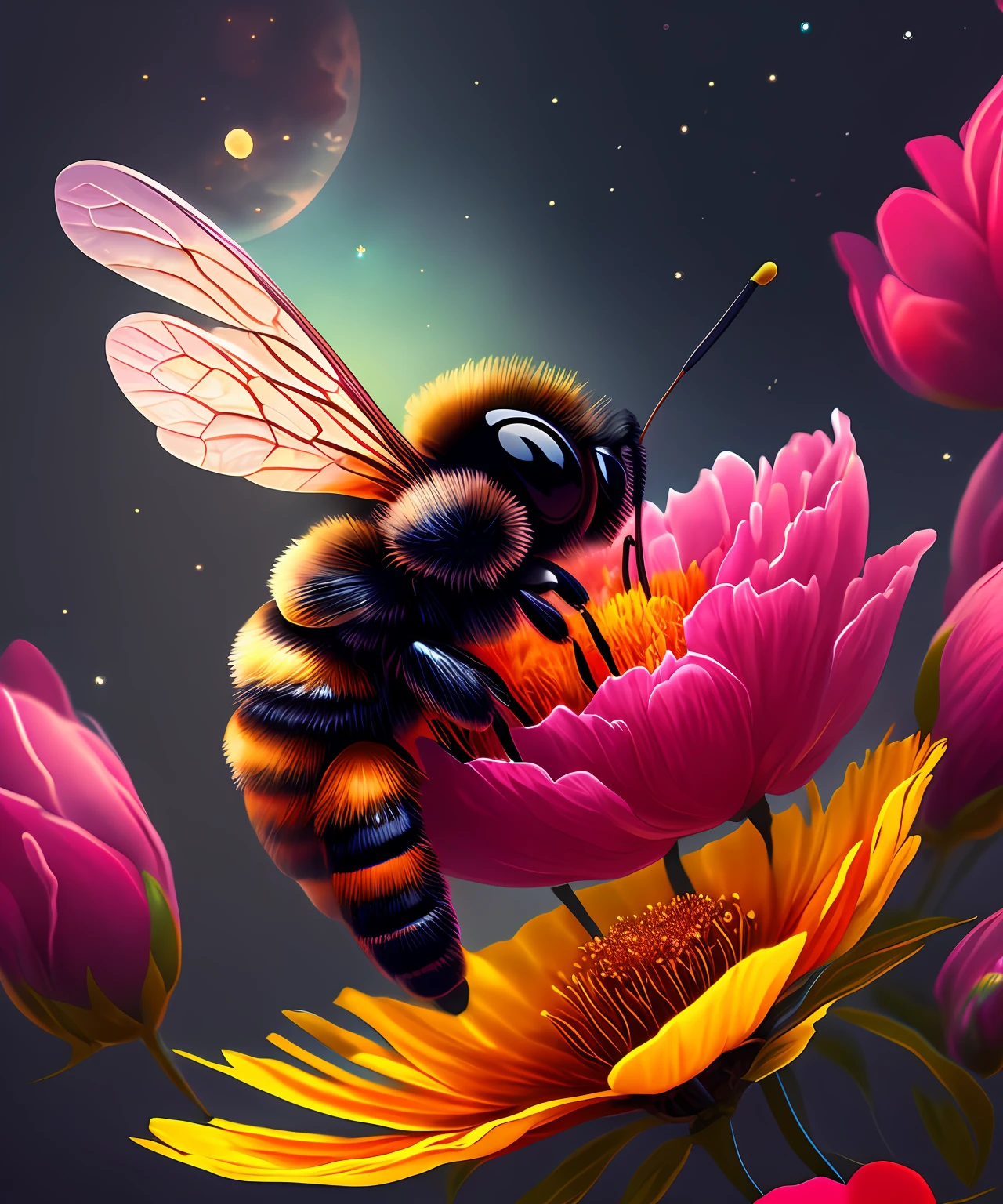 A beautiful cartoon bee with hyper detailed bright expressive eyes, sits on a peony flower, night, moon, milky way, beautiful, fabulous, atmospheric, fantasy, concept art, botanical art, high resolution, 32k, red fog, soft lighting, moderate color palette