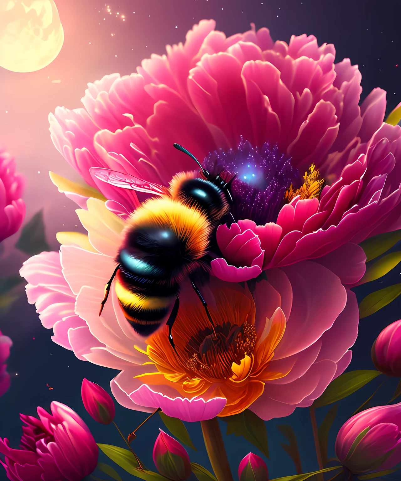 A beautiful cartoon bee with hyper detailed bright expressive eyes, sits on a peony flower, night, moon, milky way, beautiful, fabulous, atmospheric, fantasy, concept art, botanical art, high resolution, 32k, red fog, soft lighting, moderate color palette
