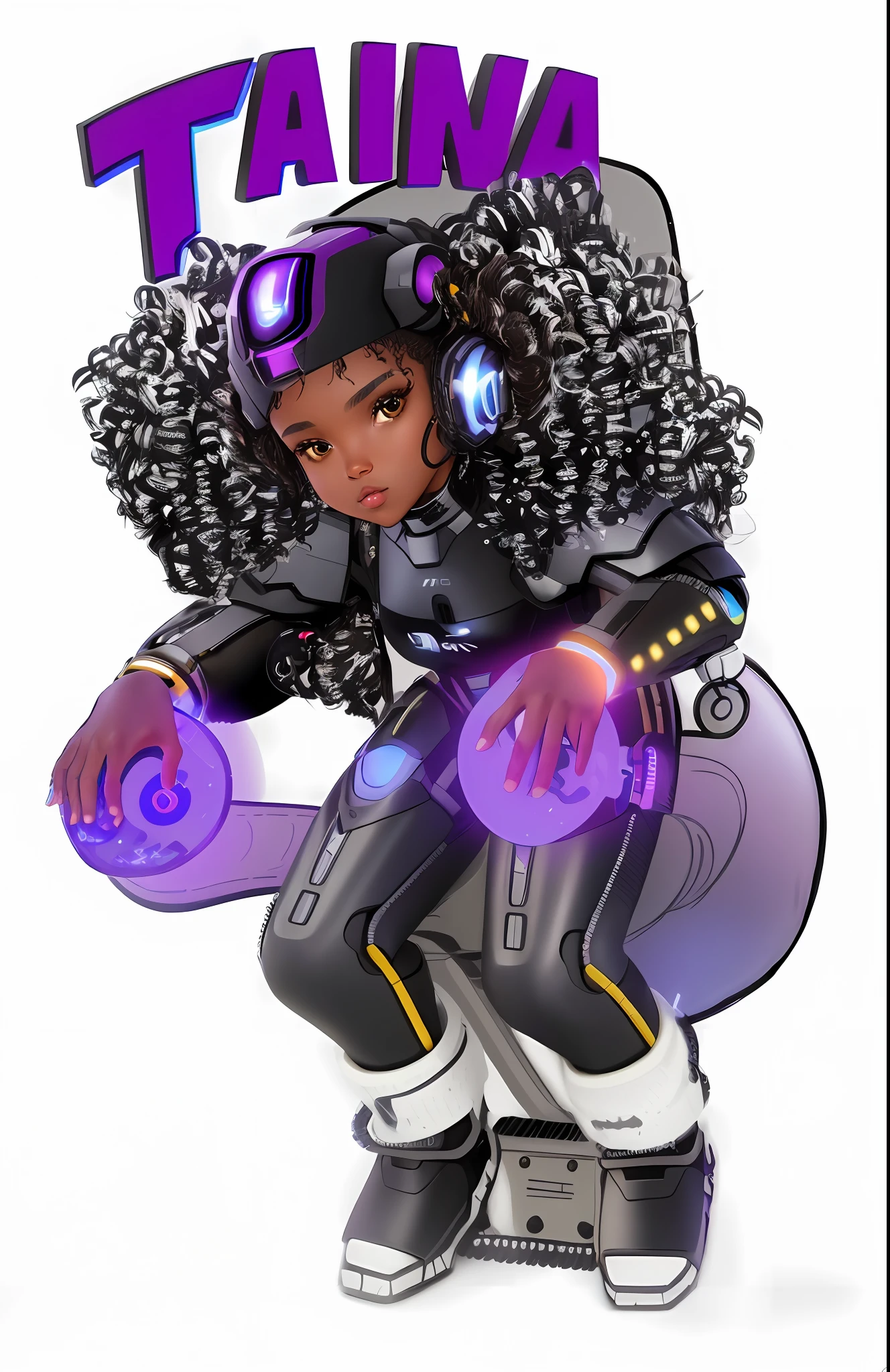 realistic style, 4k, super perfect black girl face, curly hair, cyberpuk, futuristic black armor with rgb details with yellow and rock blue colors, female armor style clothing, like an astronaut, movie style. cartoon