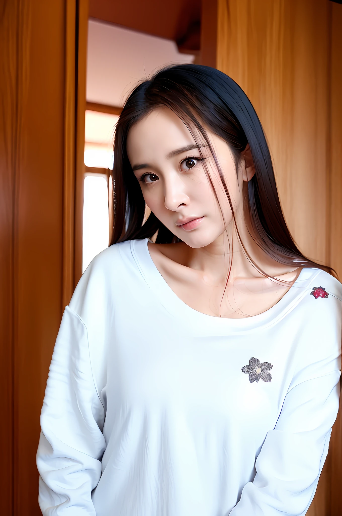 Gentle and charming Chinese beautiful woman, half body photo, delicate and sexy collarbone, charming oval face, double eyelids, smart peach blossom eyes, pink lips, small upturned nose, bare shoulders, focused face, face close-up, ultra-high-definition, Super detailed and standing elegantly, this appliquéd cotton-jersey sweatshirt is crafted from a mid-weight cotton-jersey with a small appliqué on the chest and has a loose, slouchy silhouette. Wear it with jeans.