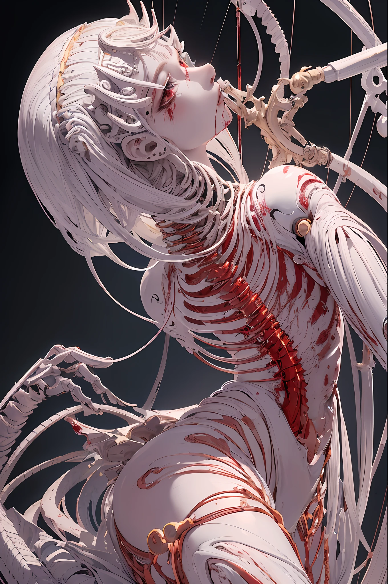 (masterpiece, top quality, best quality, official art, beautiful and aesthetic:1.2), (1girl:1.3), extreme detailed,colorful,highest detailed ((ultra-detailed)), (highly detailed CG illustration), ((an extremely delicate and beautiful)),(from side),cinematic light,((1mechanical girl)),solo,full body,(machine made joints:1.2),((machanical limbs)),(blood vessels connected to tubes),(mechanical vertebra attaching to back),((mechanical cervial attaching to neck)),(sitting),expressionless,(wires and cables attaching to neck:1.2),(wires and cables on head:1.2)(character focus),science fiction,white background,(blood:1.5)