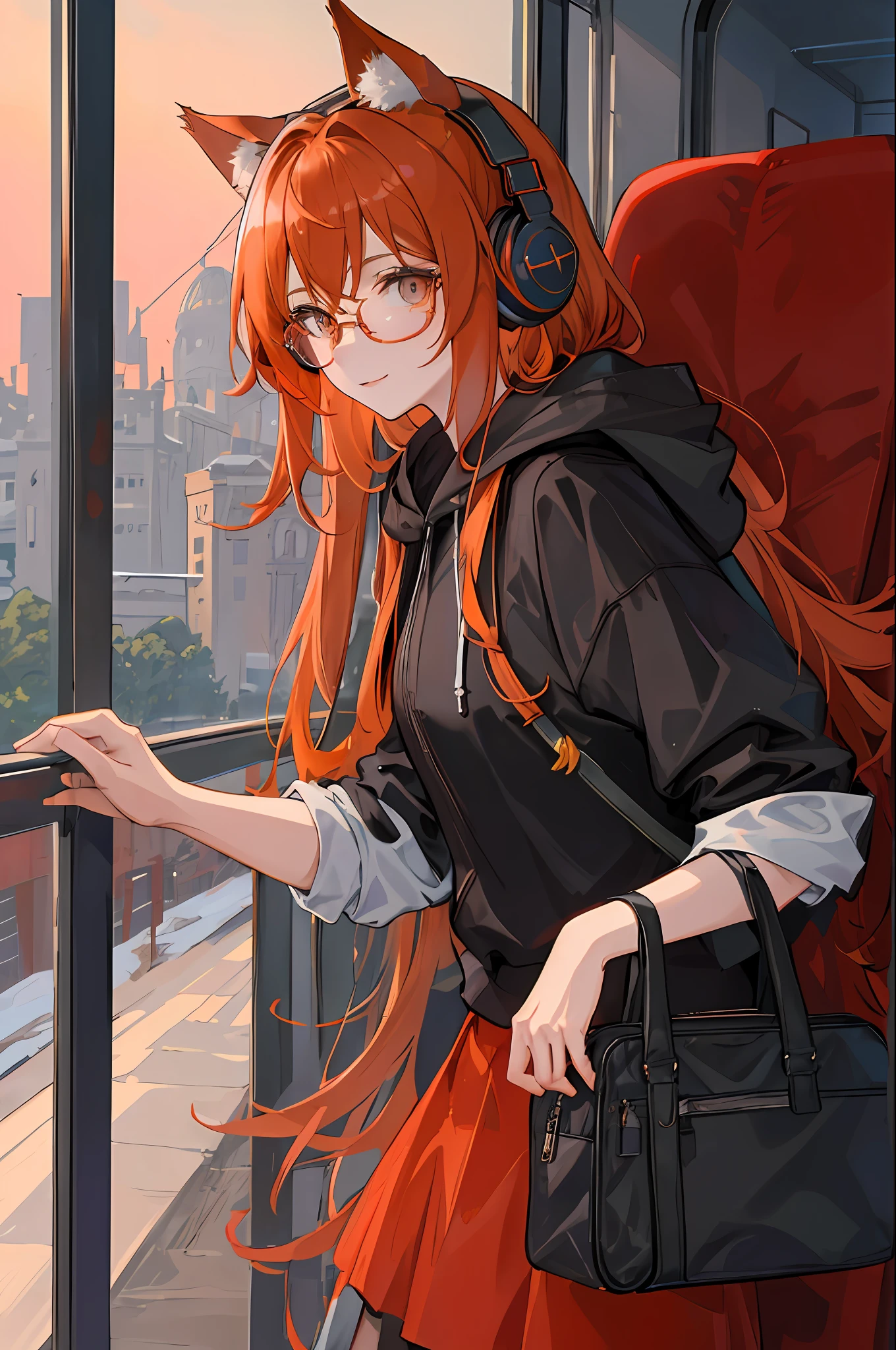 (masterpiece, sidelighting, ultra-detailed, finely detailed beautiful eyes: 1.2), 1girl, bag, building, from side, headphones, hood, hood down, hooded jacket, hoodie, jacket, long hair, orange hair, profile, red hair, solo, train, train interior, upper body, cat ears, looks at viewer, light smile, wearing round glasses,Masterpiece, best quality