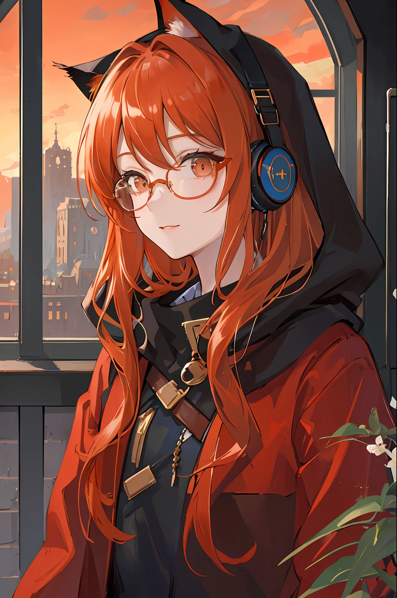 (masterpiece, sidelighting, ultra-detailed, finely detailed beautiful eyes: 1.2), 1girl, bag, building, from side, headphones, hood, hood down, hooded jacket, hoodie, jacket, long hair, orange hair, profile, red hair, solo, train, train interior, upper body, cat ears, looks at viewer, light smile, wearing round glasses,Masterpiece, best quality
