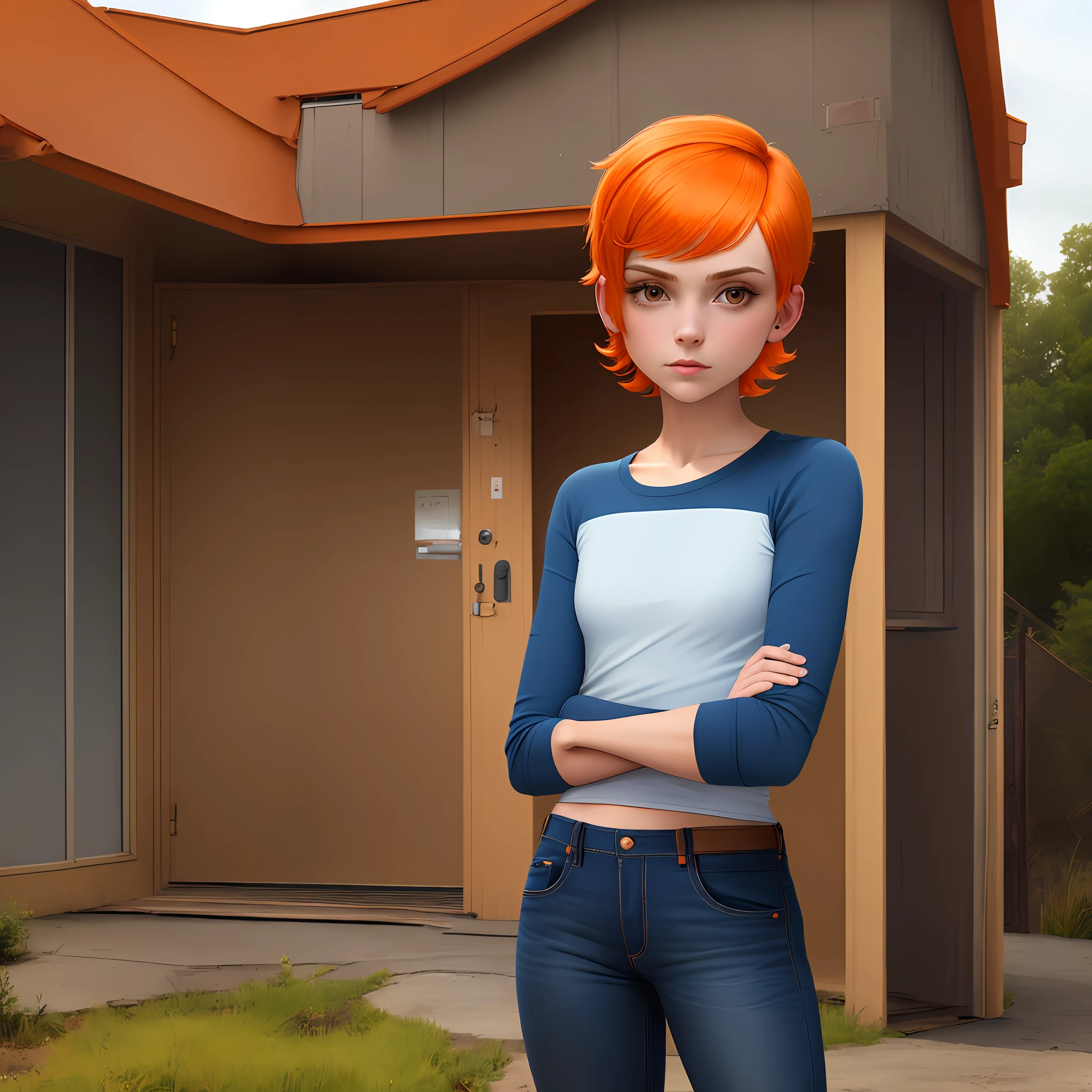 Gwendolyn_Tennyson, 1girl, solo, bangs, short hair, orange hair, jeans, outdoors, house, door, arms crossed