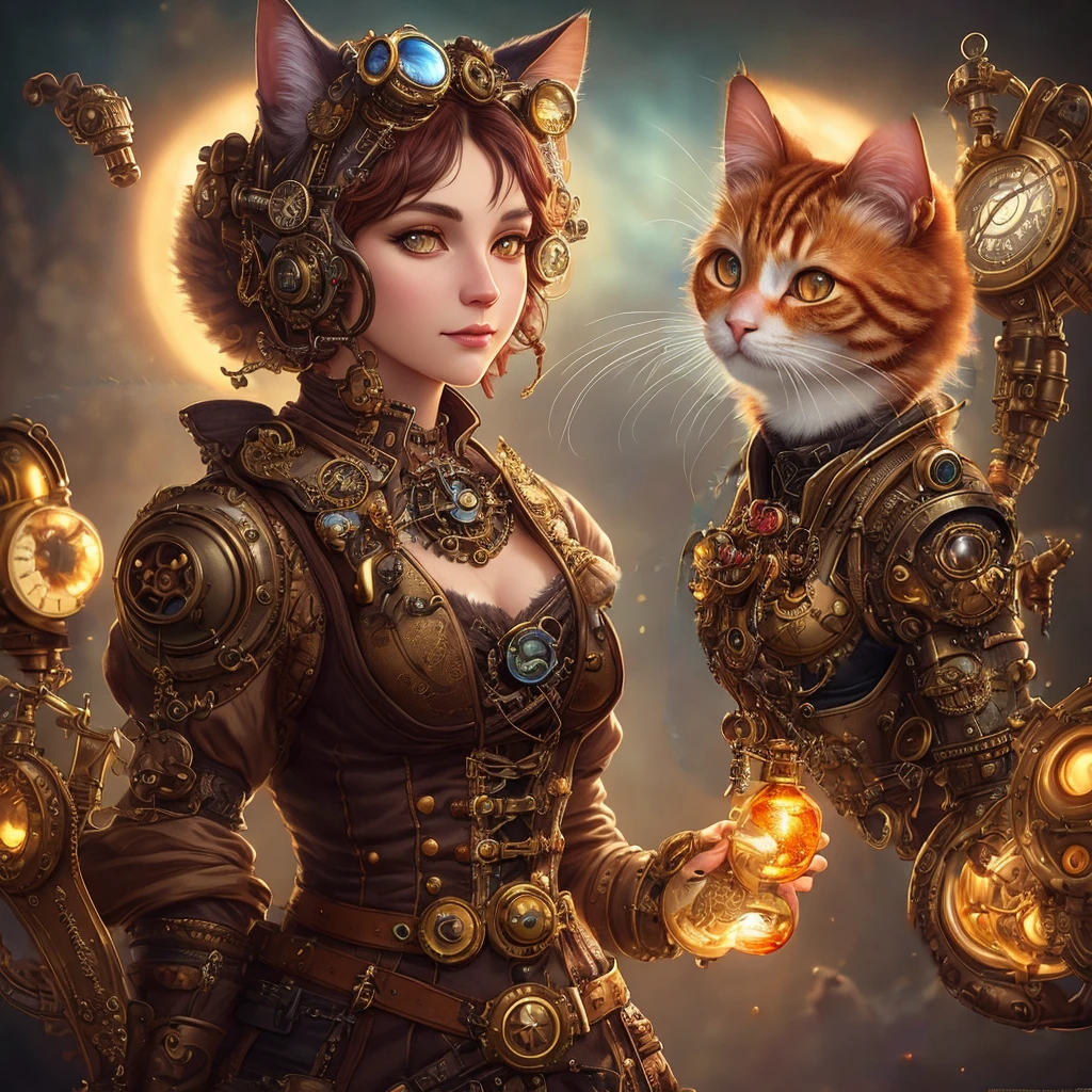 whimsical detailed steampunk ginger cat, bold colors, contrast, intricate fantasy extremely hyperdetailed, studio photography, backlight, oil painting, octane render, hyperrealistic, 8K, Hasselblad, ornately detailed, pretty face, photorealistic, octane render, Artgerm, WLOP, tom bagshaw, magali villenueve