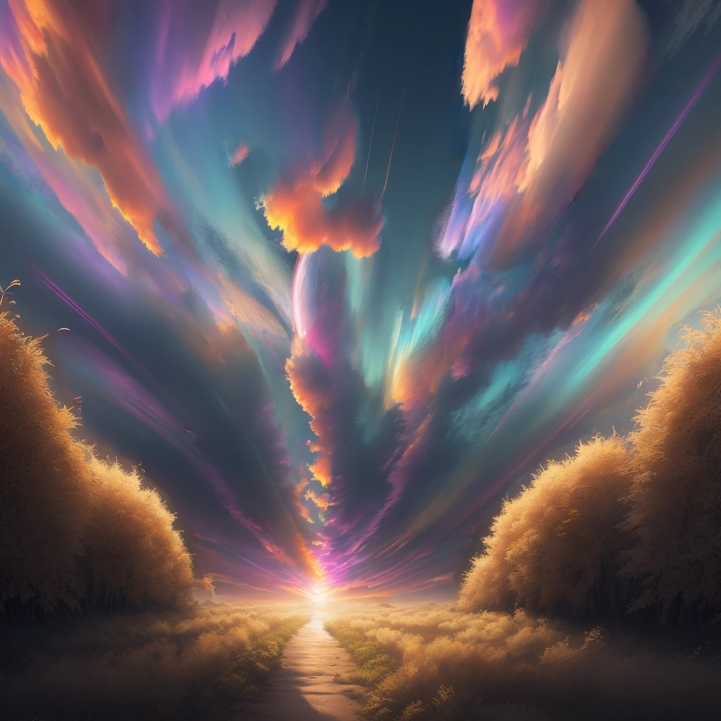 Vibrant colored sky, hyper-detailed technical precision, light, dark, wind breeze appearances, light rays, high resolution, high details, detailed colors, realistic and natural, HDR, scene art, realistic surrealism, detailed textures, high quality, lsd , dmt, 8k