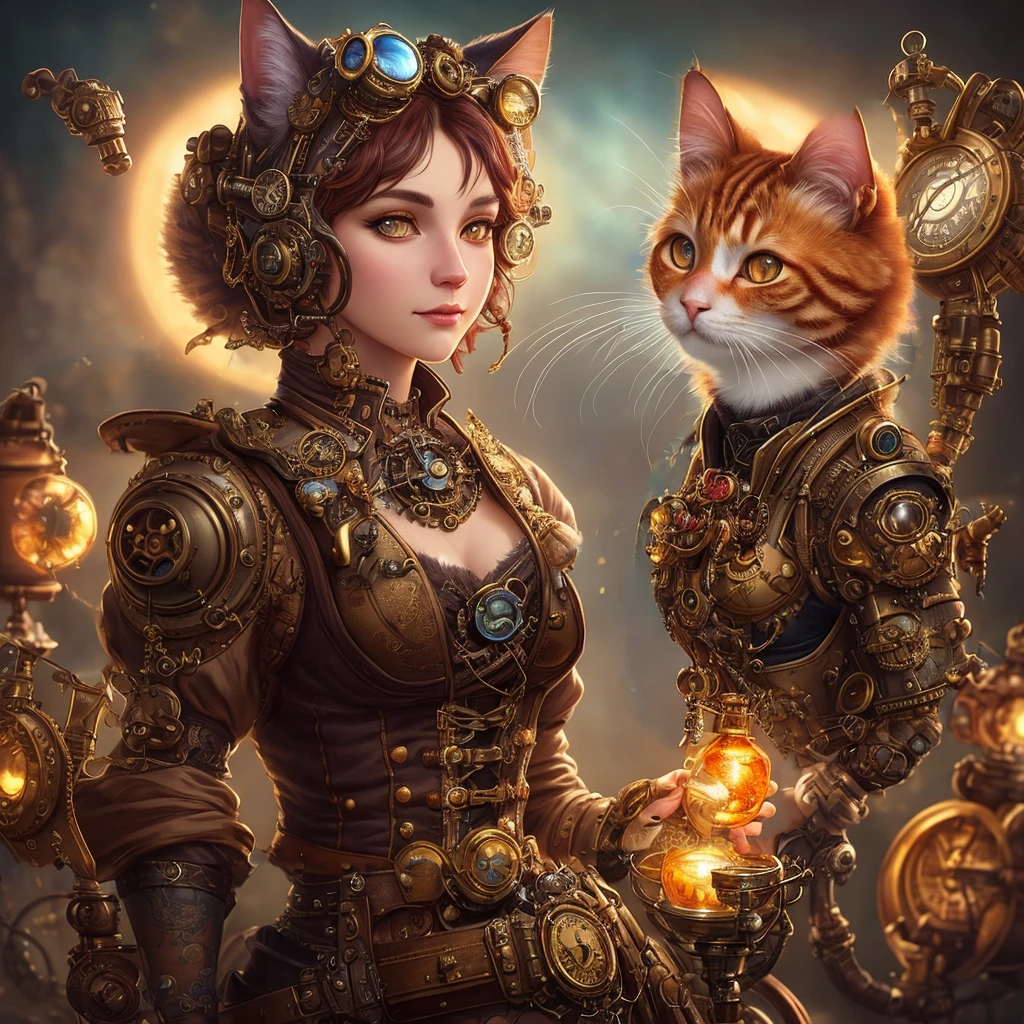 whimsical detailed steampunk ginger cat, bold colors, contrast, intricate fantasy extremely hyperdetailed, studio photography, backlight, oil painting, octane render, hyperrealistic, 8K, Hasselblad, ornately detailed, pretty face, photorealistic, octane render, Artgerm, WLOP, tom bagshaw, magali villenueve