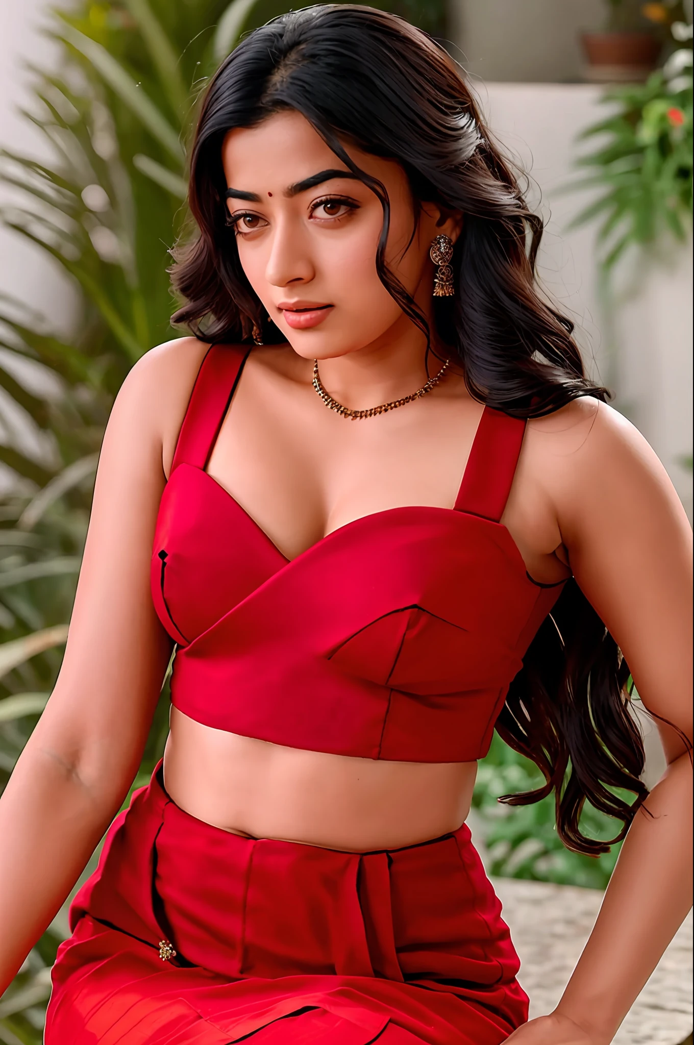 rashmika mandana in red bra, deep cleavage, big boobs