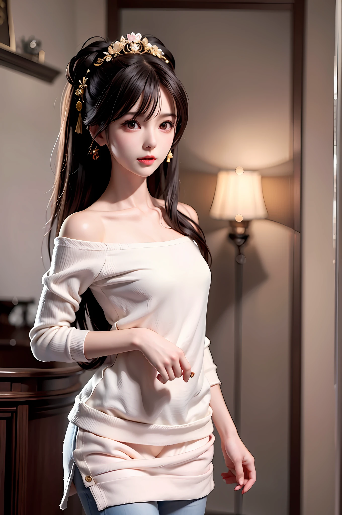 Anime style, Hayao Miyazaki style, gentle and beautiful Chinese woman, half-length photo, exquisite and sexy collarbone, charming oval face, double eyelids, smart peach blossom eyes, pink lips, small nose, bare shoulders, focus on the face , face close-up, ultra-high-definition, super-detailed, elegant stance, appliquéd cotton jersey sweatshirt, made of mid-weight cotton jersey, with small appliqués on the chest, loose and slouchy silhouette, worn with jeans,