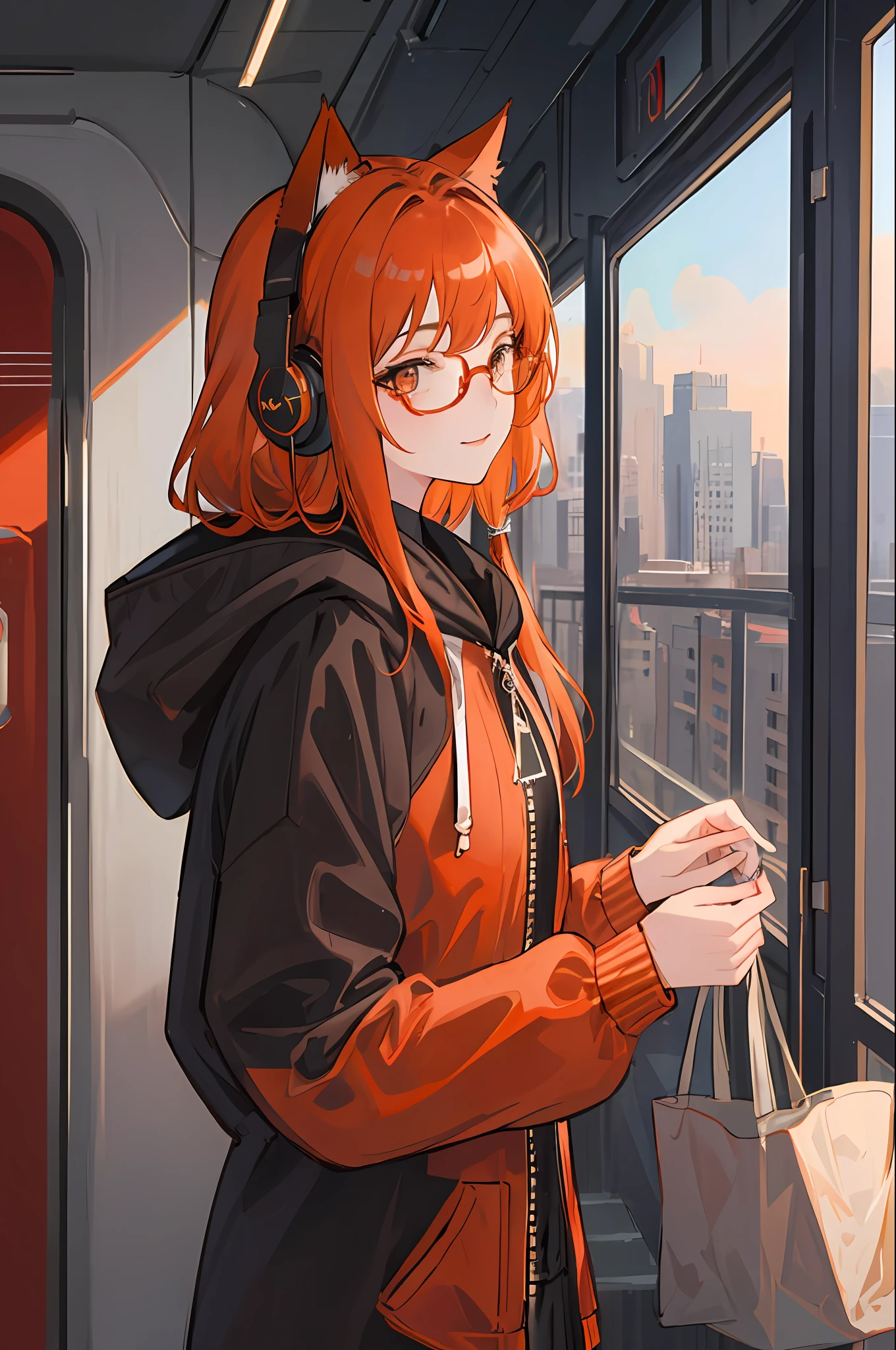 (masterpiece, sidelighting, ultra-detailed, finely detailed beautiful eyes: 1.2), 1girl, bag, building, from side, headphones, hood, hood down, hooded jacket, hoodie, jacket, long hair, orange hair, profile, red hair, solo, train, train interior, upper body, cat ears, looks at viewer, light smile, wearing round glasses,Masterpiece, best quality