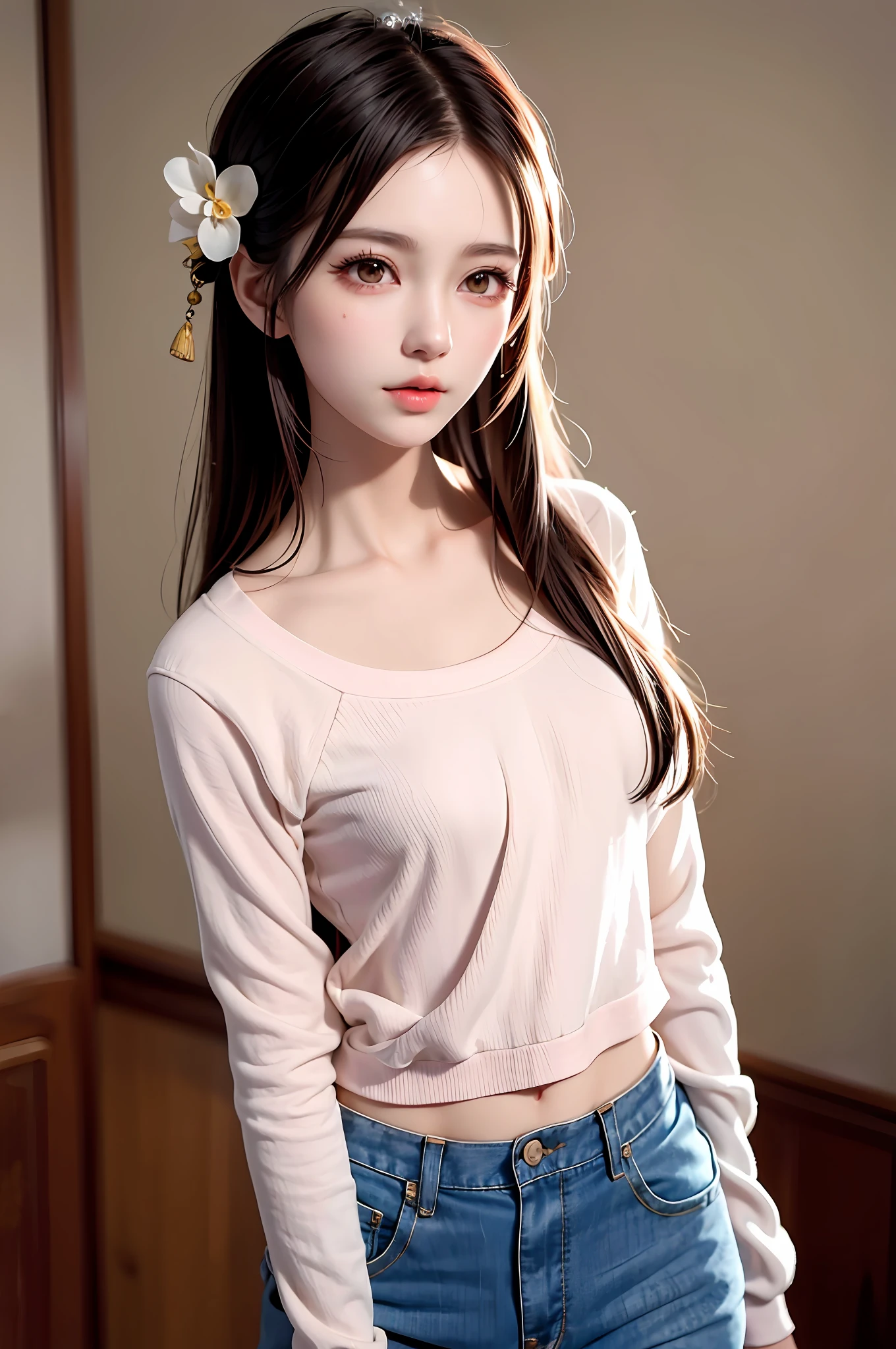 Anime style, Hayao Miyazaki style, gentle and beautiful Chinese woman, half-length photo, exquisite and sexy collarbone, charming oval face, double eyelids, smart peach blossom eyes, pink lips, small nose, bare shoulders, focus on the face , face close-up, ultra-high-definition, super-detailed, elegant stance, appliquéd cotton jersey sweatshirt, made of mid-weight cotton jersey, with small appliqués on the chest, loose and slouchy silhouette, worn with jeans,