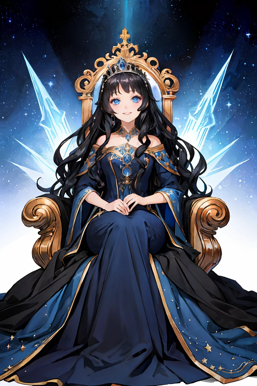 (best quality), starry background, 1 girl sitting on a throne, blue eyes, cold gaze, shining eyes, mischievous smile, black hair, long wavy hair, princess, elegant long dress,