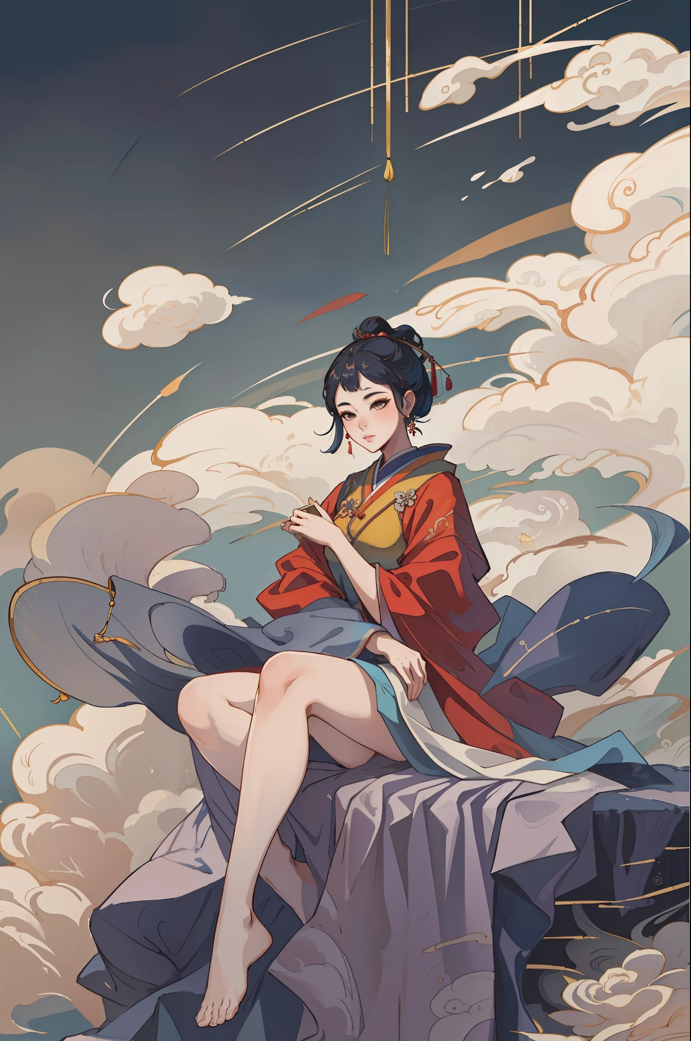 Ancient Chinese beauty sitting on stone, wearing ancient Chinese clothes, flowing tulle, light silk, lazy pose, bamboo forest, pavilion, ink painting style, clean color, decisive cut, blank space, freehand, masterpiece, Super detailed, epic composition, high quality, highest quality, 4k --v 6