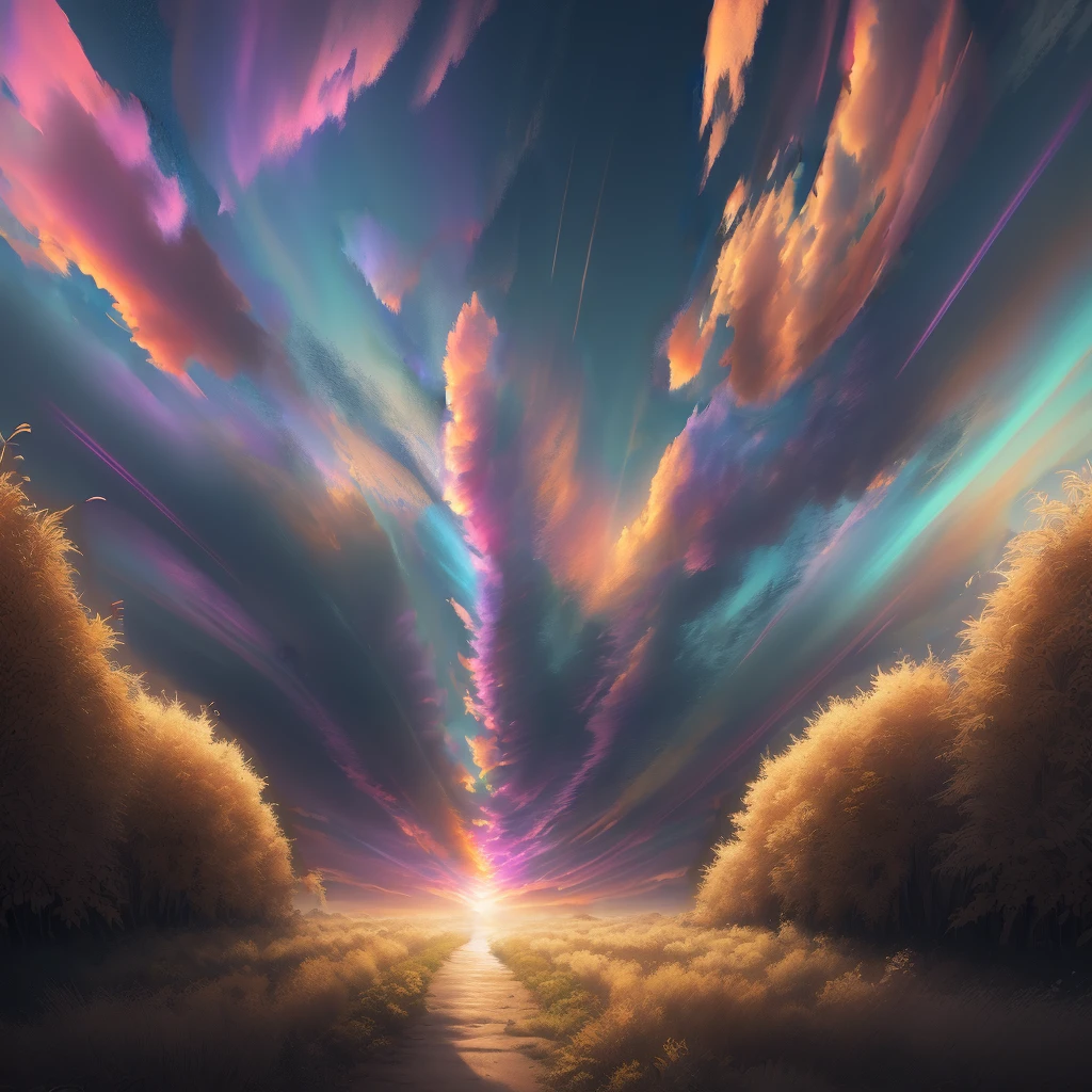 Vibrant colored sky, hyper-detailed technical precision, light, dark, wind breeze appearances, light rays, high resolution, high details, detailed colors, realistic and natural, HDR, scene art, realistic surrealism, detailed textures, high quality, lsd , dmt, 8k