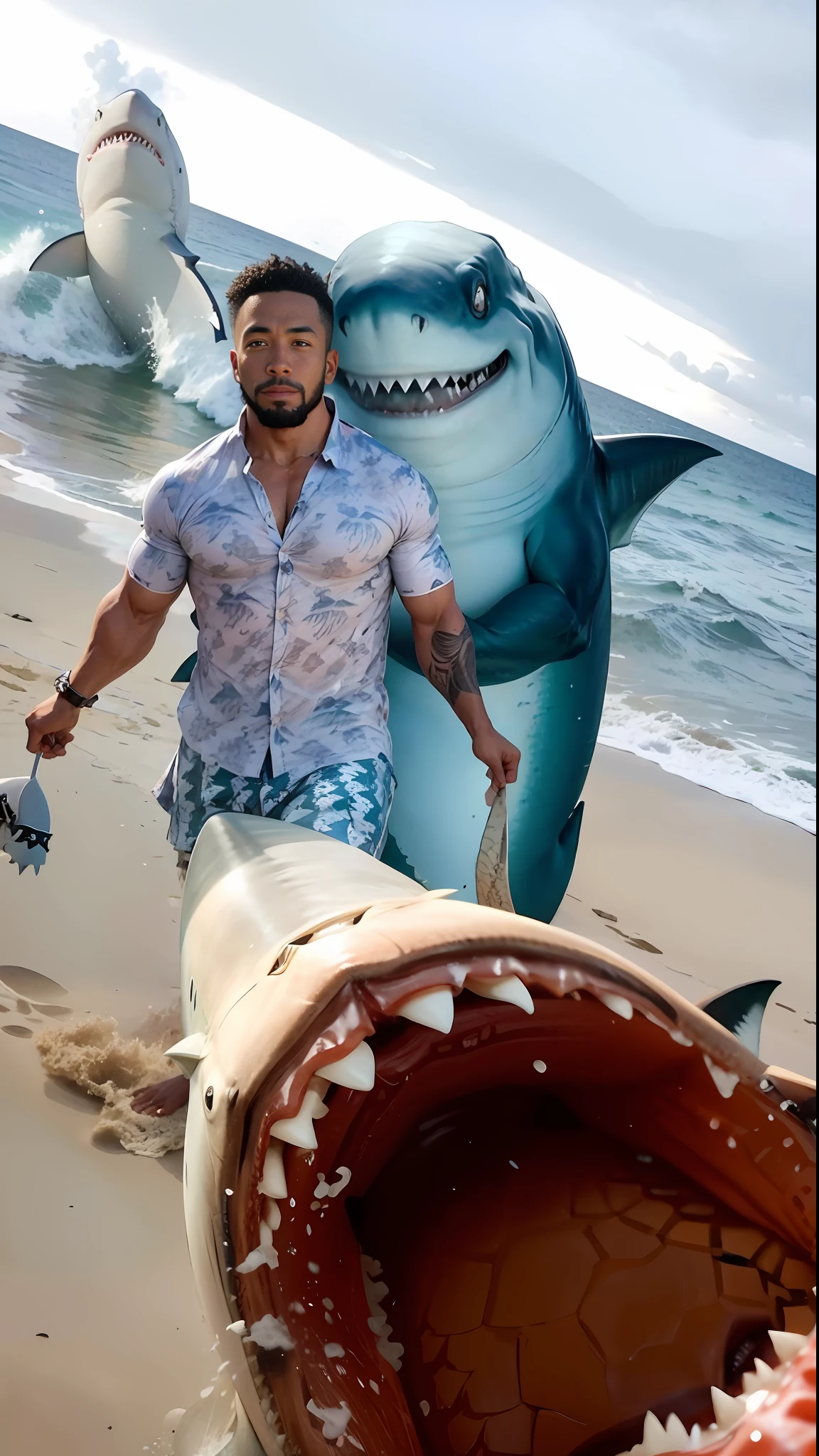 there is a muscular man walking on the beach with two fish in his hands with a shark on the beach, shark anthony, fish in the bottom, my son! the jaws of a shark that bite, wereshark, half crocodile shark half man, photo taken on 2 0 2 0, half wolf half shark, michael okuda, profile photo 1024px, profile photo, real life photo, caribbean man muscular