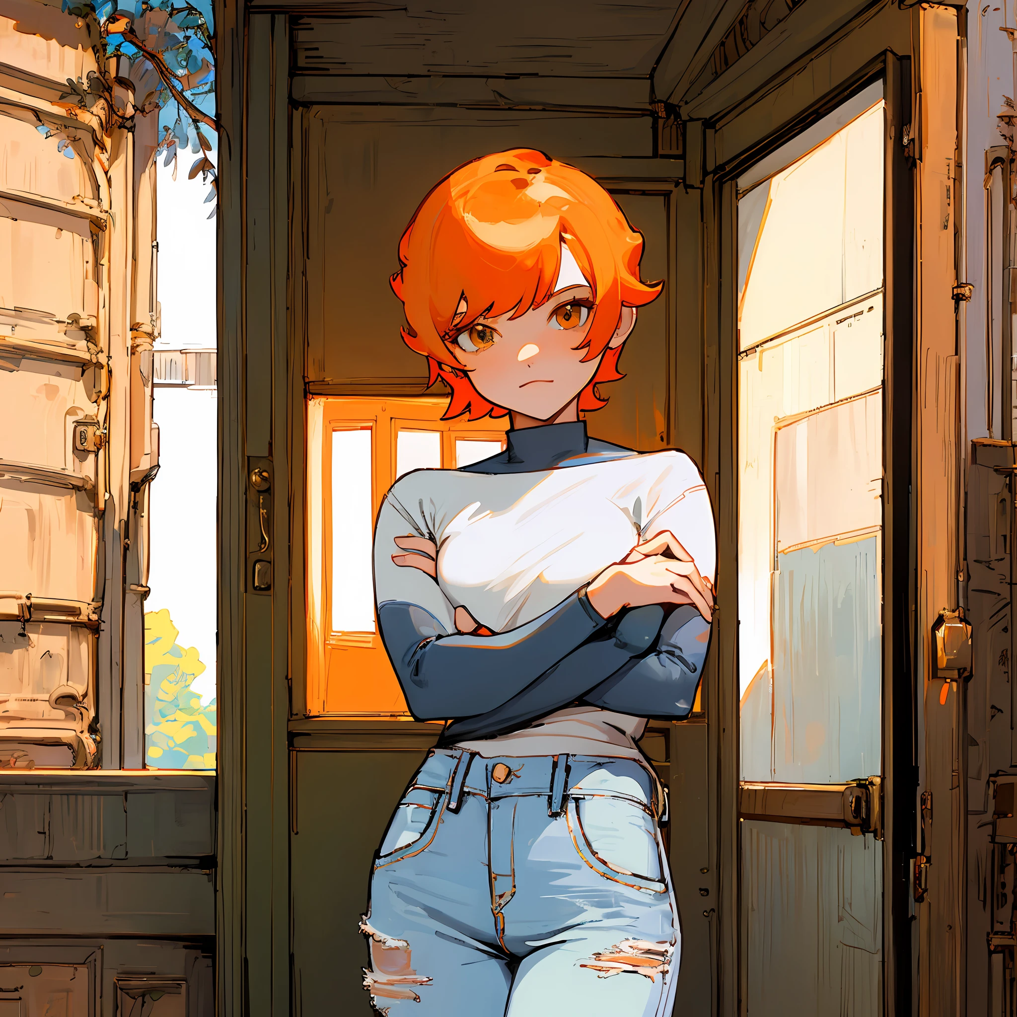 Gwendolyn_Tennyson, 1girl, solo, bangs, short hair, orange hair, jeans, outdoors, house, door, arms crossed, two heads attached to one body