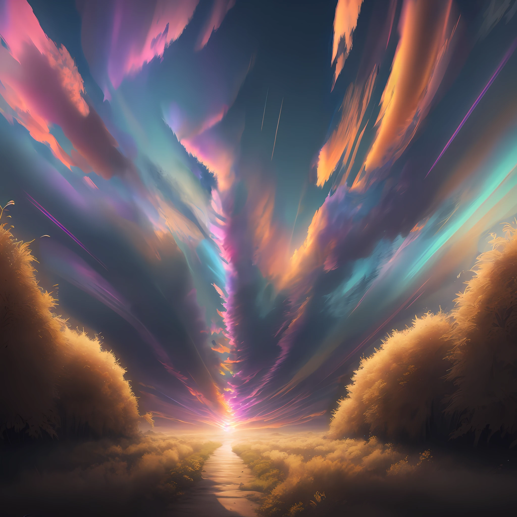 Vibrant colored sky, hyper-detailed technical precision, light, dark, wind breeze appearances, light rays, high resolution, high details, detailed colors, realistic and natural, HDR, scene art, realistic surrealism, detailed textures, high quality, lsd , dmt, 8k