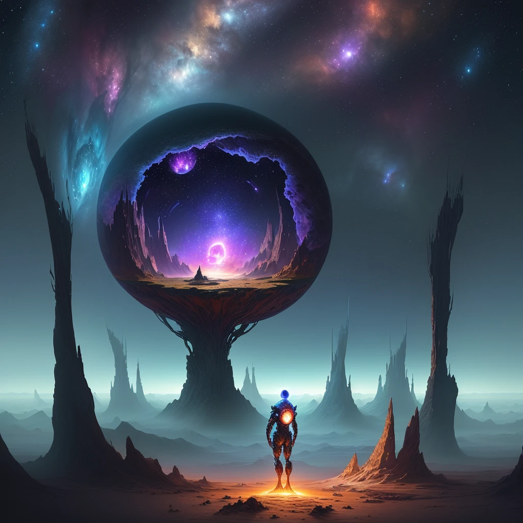 (masterpiece), (best quality), (stunning digital art), science fiction scene, curious alien creature, exploring the depths of space, set in an alternate universe, standing on the surface of an exotic planet, near a mysterious dark hole, otherworldly landscape, vivid colors, intricate details, mesmerizing celestial phenomena, captivating lighting, evoking a sense of wonder and adventure