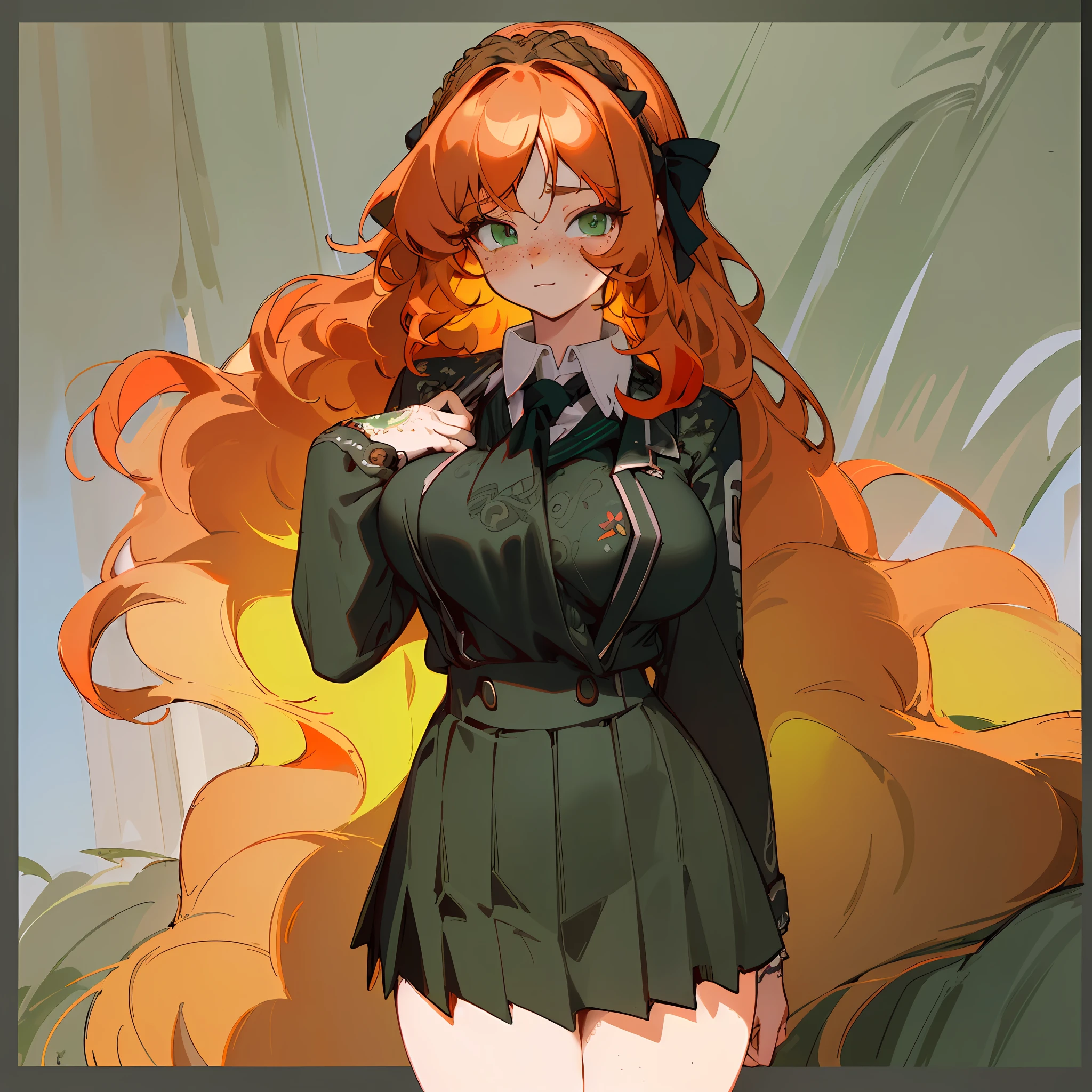 masterpiece, best quality, 1girl, long hair, looking at viewer, :3, cute, black school uniform, outdoors, streets, cowboy shot, big breasts, curvy, (((green eyes))), red hair, wavy hair, ((beautiful detailed eyes, beautiful detailed glow)), freckles, sfw