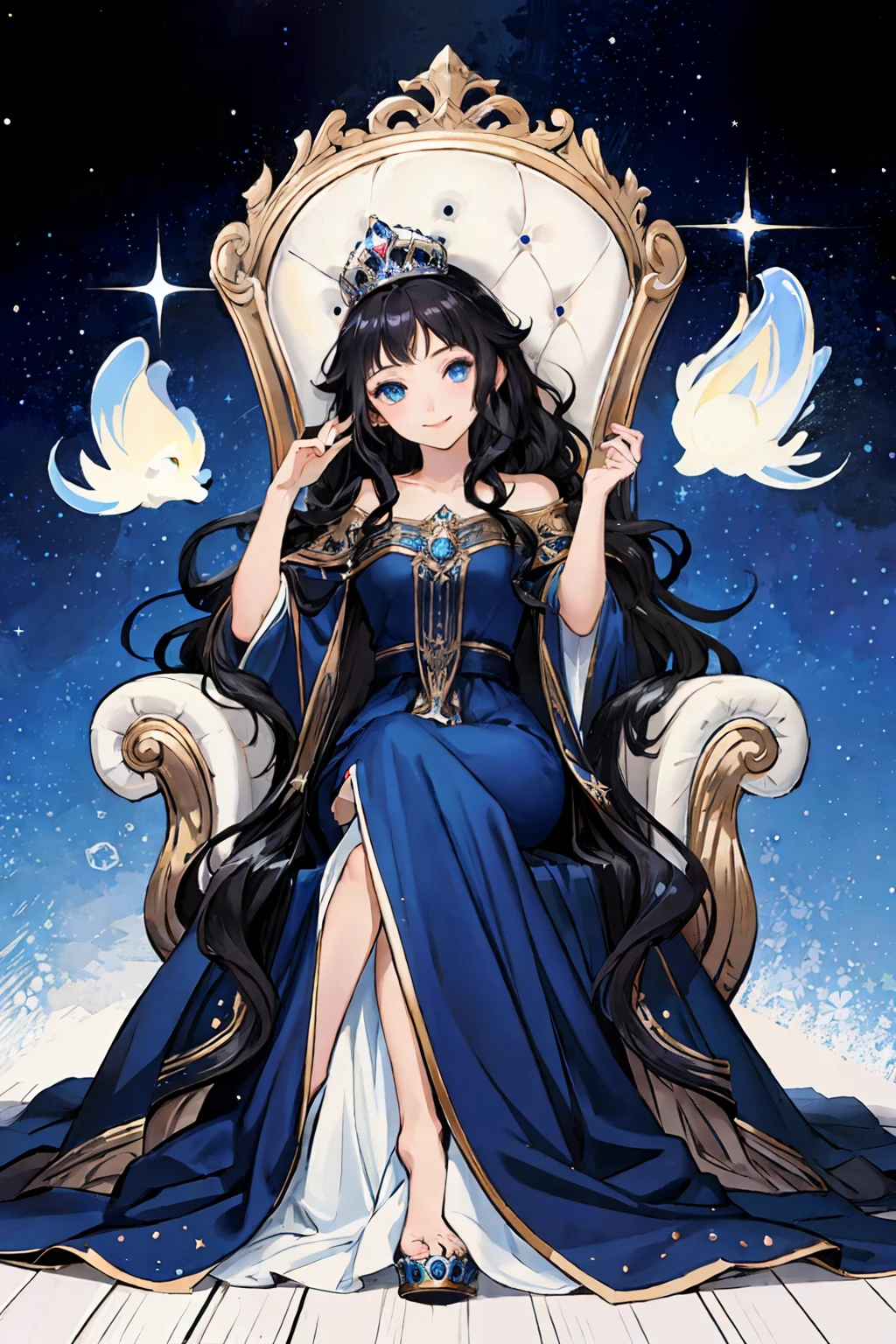 (best quality), starry background, 1 girl sitting on a throne, blue eyes, cold gaze, shining eyes, mischievous smile, black hair, long wavy hair, princess, elegant long dress,
