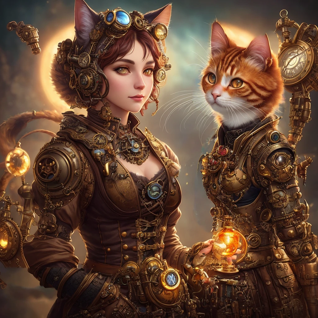 whimsical detailed steampunk ginger cat, bold colors, contrast, intricate fantasy extremely hyperdetailed, studio photography, backlight, oil painting, octane render, hyperrealistic, 8K, Hasselblad, ornately detailed, pretty face, photorealistic, octane render, Artgerm, WLOP, tom bagshaw, magali villenueve