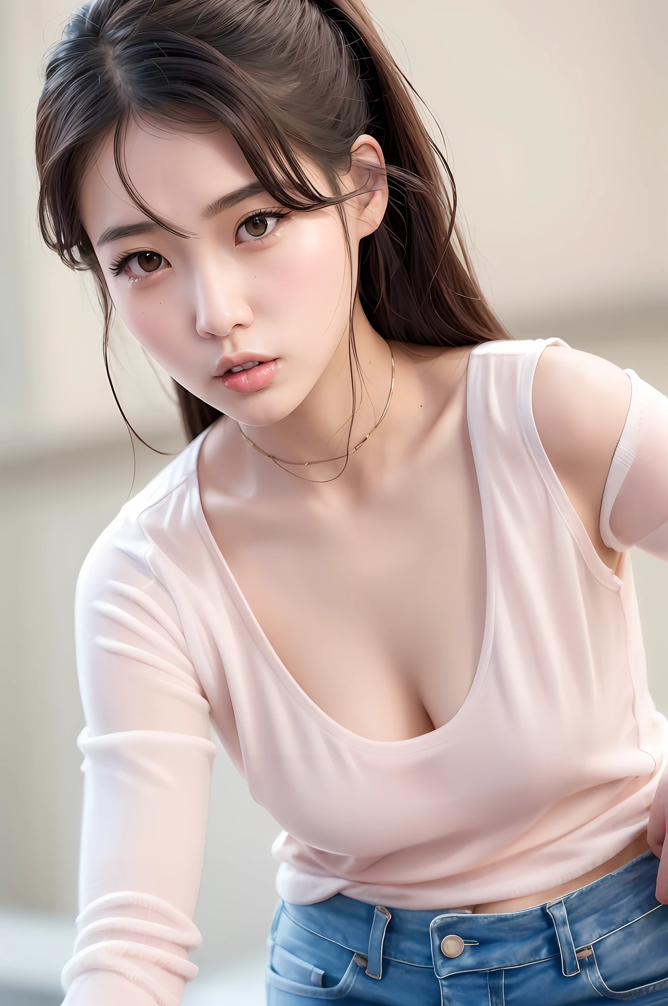 Anime style, Hayao Miyazaki style, gentle and lovely Chinese woman, half-length photo, exquisite and sexy collarbone, charming oval face, double eyelids, smart peach blossom eyes, pink lips, small upturned nose, bare shoulders, focus on the face , face close-up, ultra-high-definition, ultra-detailed, ultra-thin transparent clothing