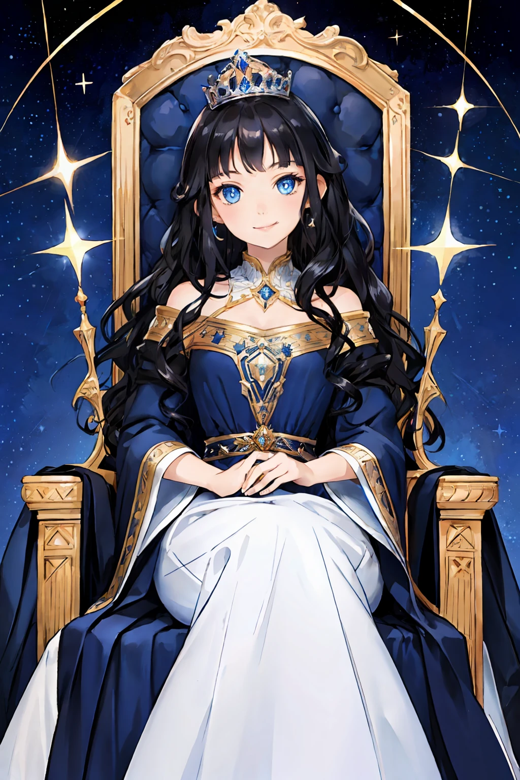(best quality), starry background, 1 girl sitting on a throne, blue eyes, cold gaze, shining eyes, mischievous smile, black hair, long wavy hair, princess, long dress,