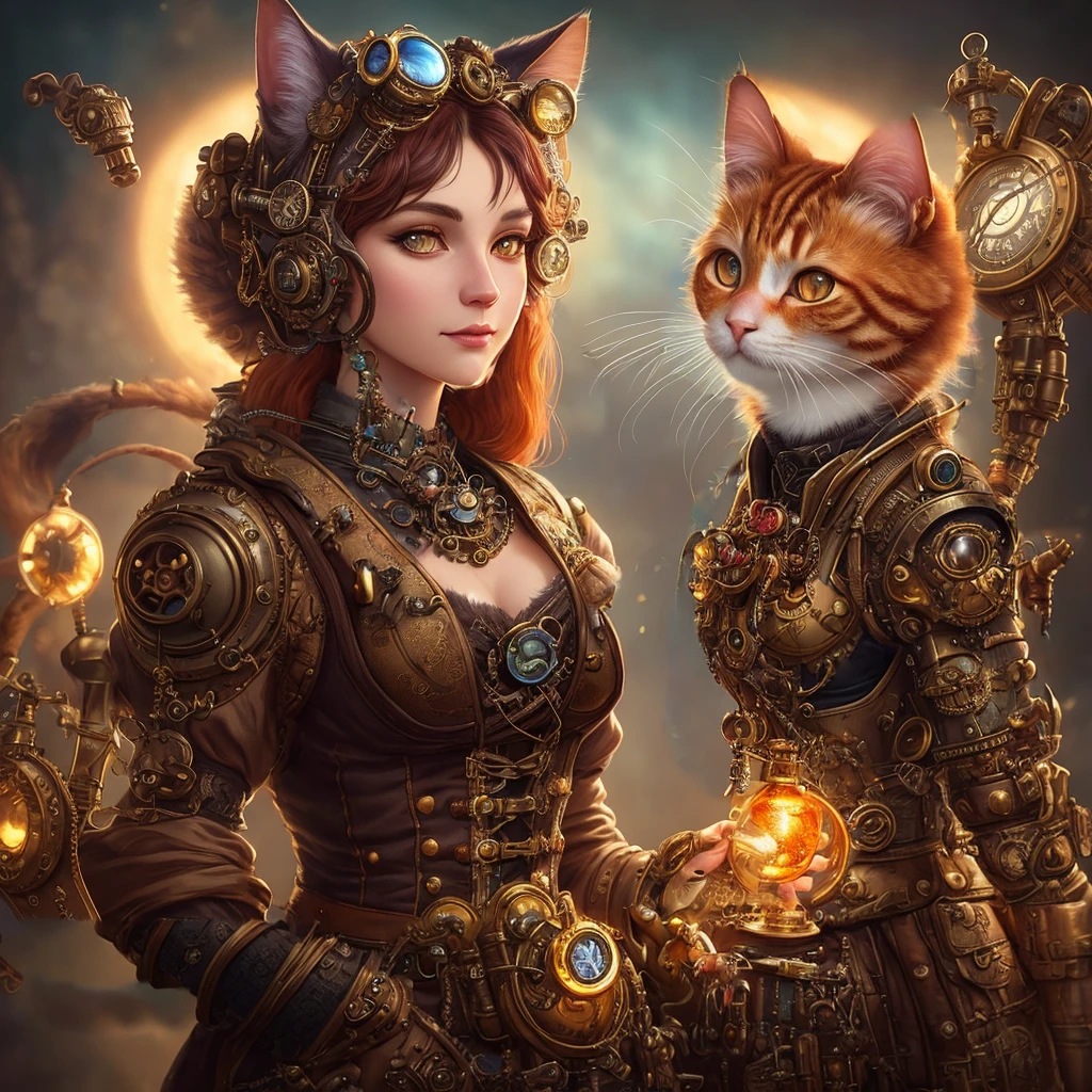 whimsical detailed steampunk ginger woman, bold colors, contrast, intricate fantasy extremely hyperdetailed, studio photography, backlight, oil painting, octane render, hyperrealistic, 8K, Hasselblad, ornately detailed, pretty face, photorealistic, octane render, Artgerm, WLOP, tom bagshaw, magali villenueve