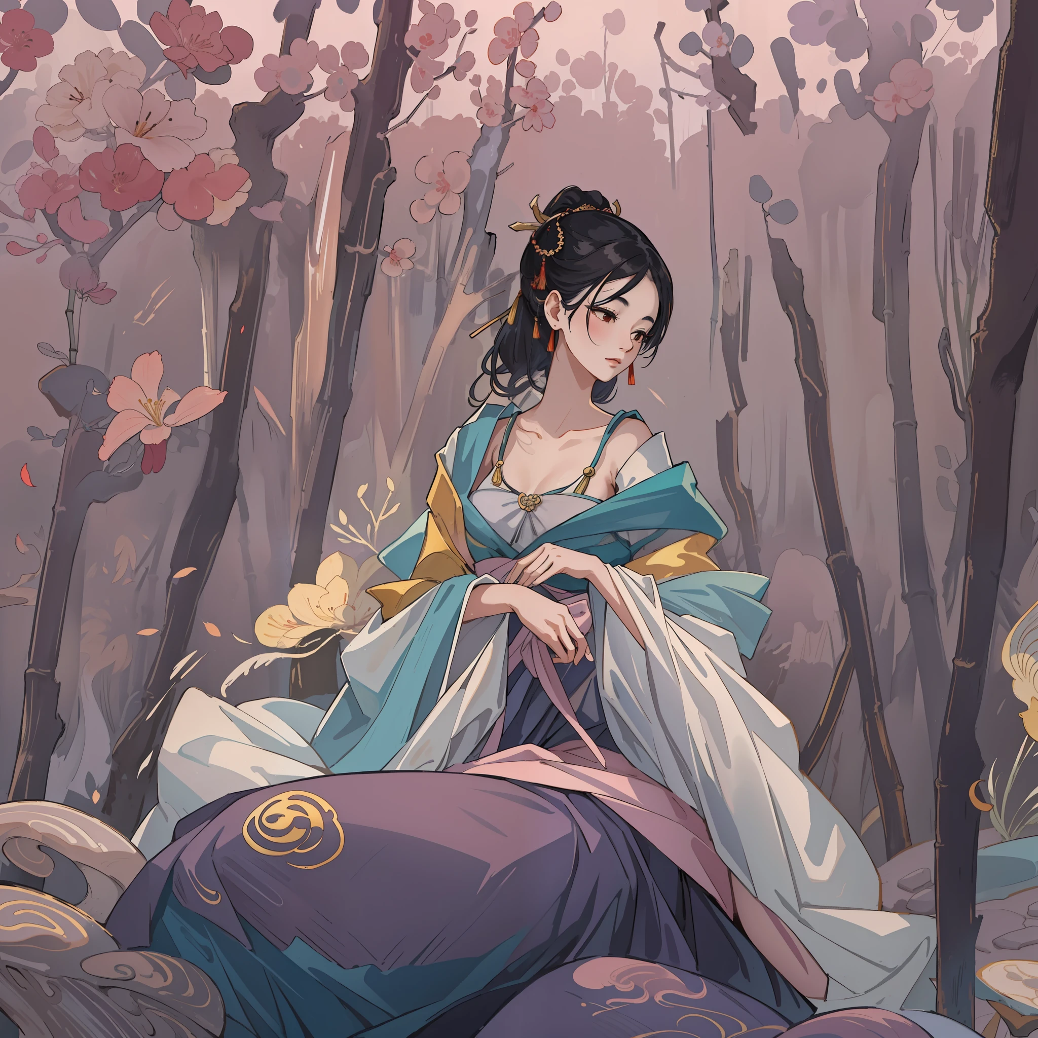 Ancient Chinese beauty sitting on a stone, wearing ancient Chinese clothes, flowing tulle, light silk, standing in a bamboo forest, pavilion, ink painting style, clean color, decisive cut, blank space, freehand, masterpiece, super detailed , epic composition, high quality, highest quality, 4k --v 6