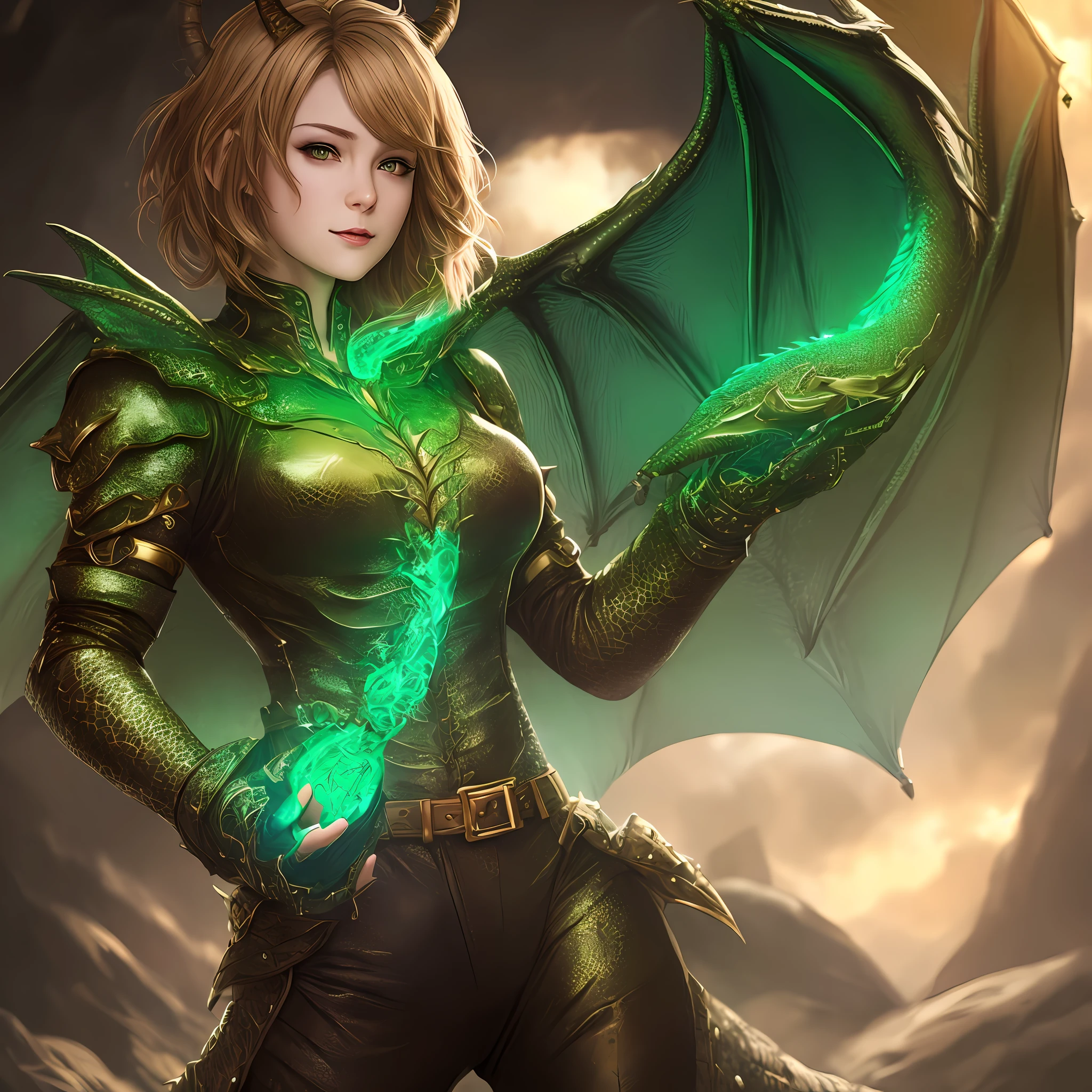 50 year old humanoid dragon alone, full color British skin, full of details, portrait photo, attractive pose, glamour, light brown hair, green eyes, shadows, lights, lands, 8k, HDR, anime style, full reality, dragon in humanoid shape, dragon skin, scales all over skin, well dressed covering all chest and pants, dragon teeth, dragon hands, dragon skin, saleswoman, medieval, hentai,