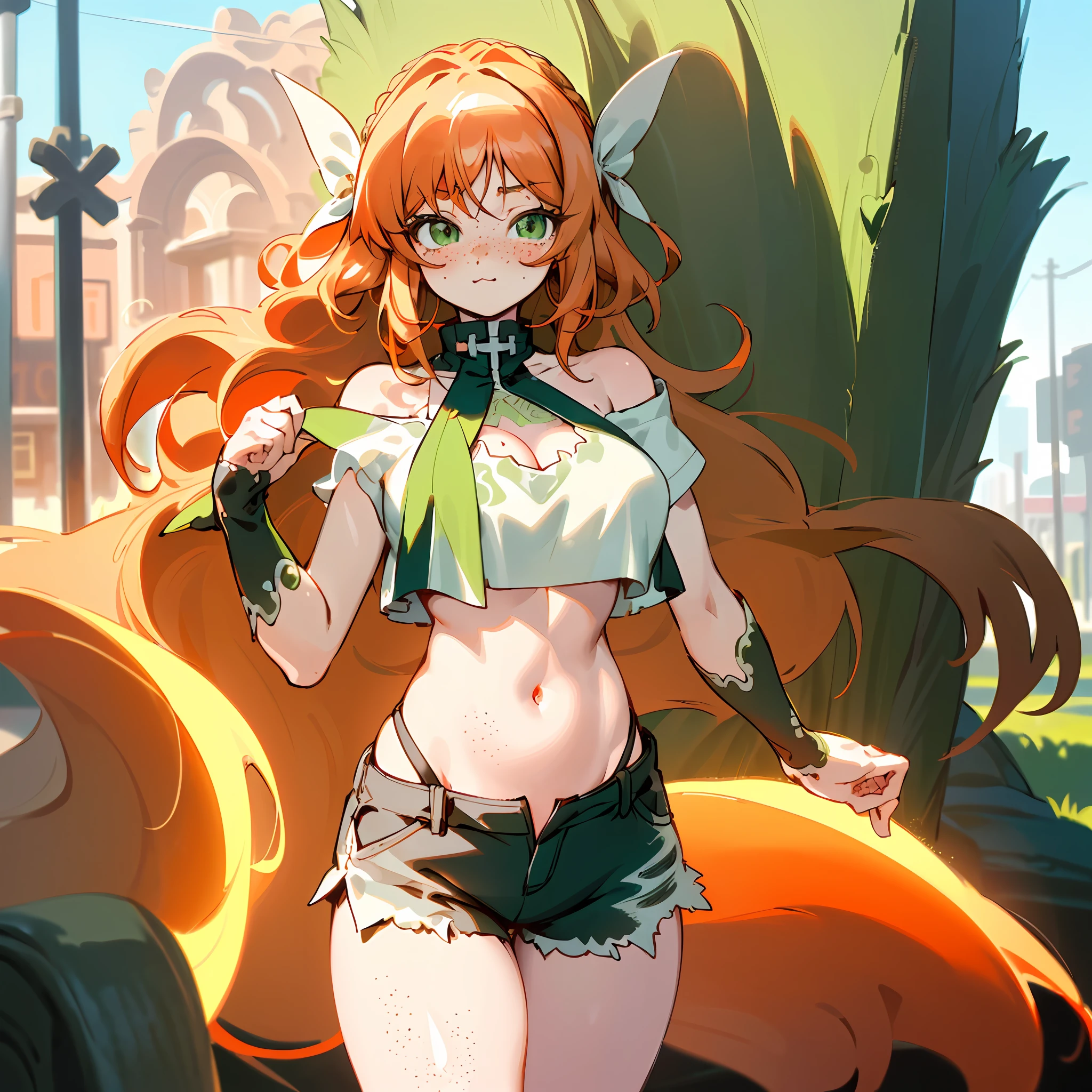 masterpiece, best quality, 1girl, long hair, looking at viewer, :3, cute, outdoors, streets, cowboy shot, big breasts, curvy, (((green eyes))), rias gremory, hair red, wavy hair, ((beautiful detailed eyes, beautiful detailed glow)), freckles, sfw, shorts, crop top, (neckline, navel)