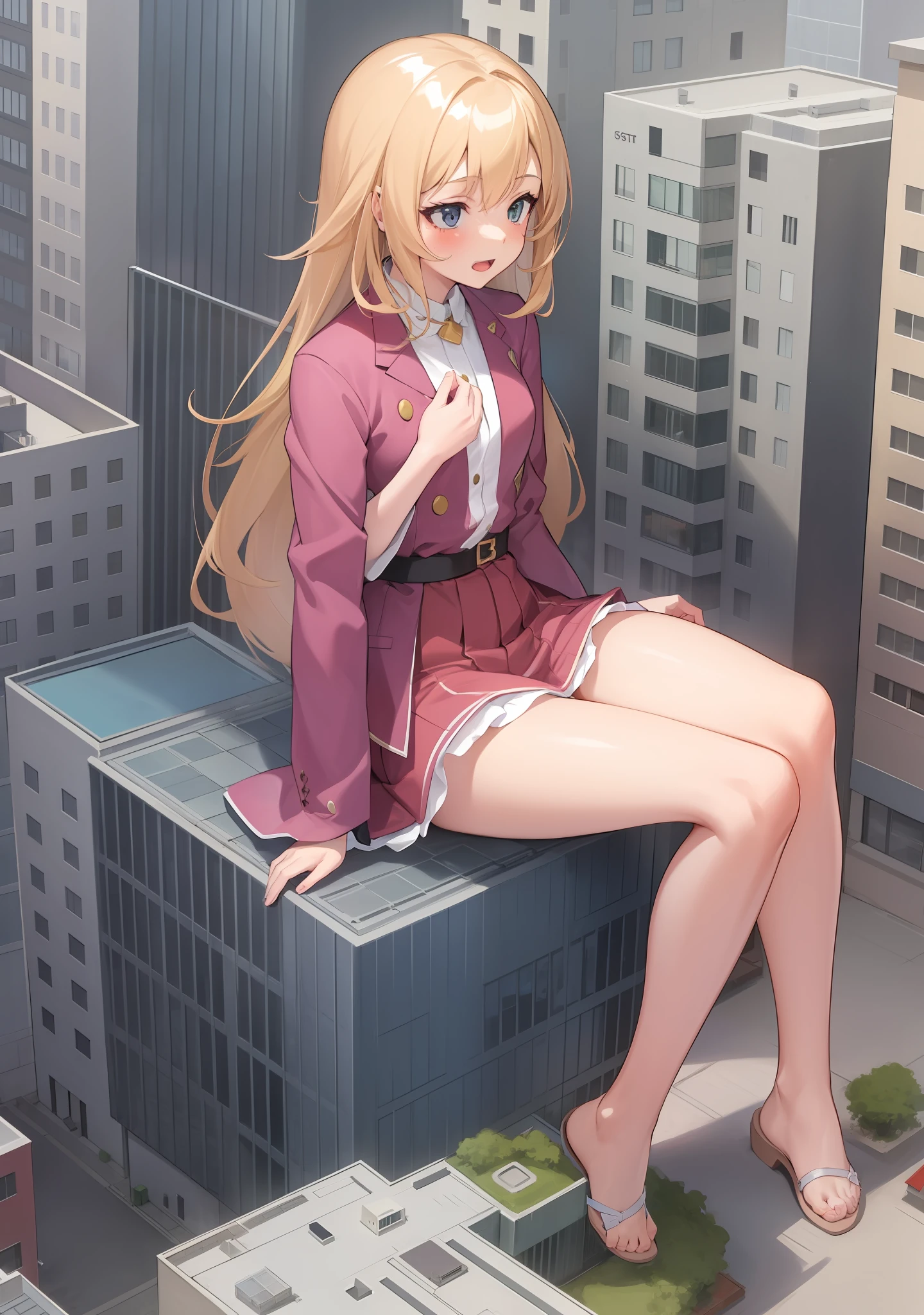 1girl, gtscity, A beautiful girl sitting against a small building as she looks down at tiny people in a tiny city, naked, beautiful, barefoot, detailed, anime style