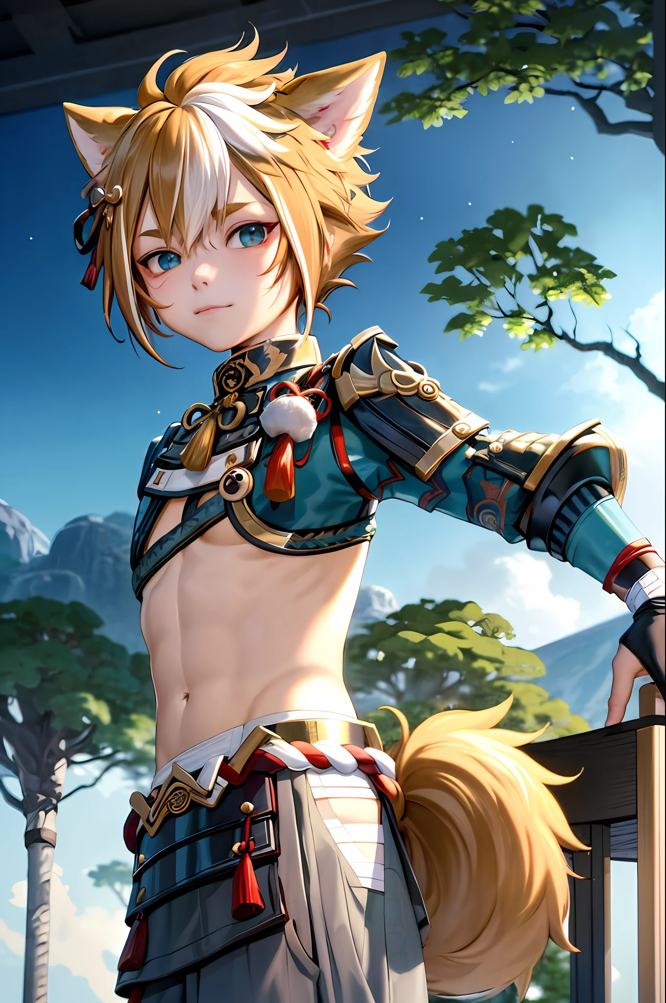 gorou (genshin impact),little boy, 1boy, male focus, animal ears, solo, multicolored hair, brown hair, dog boy, white hair, tassel, dog ears, armor, upper body, streaked hair, bangs,