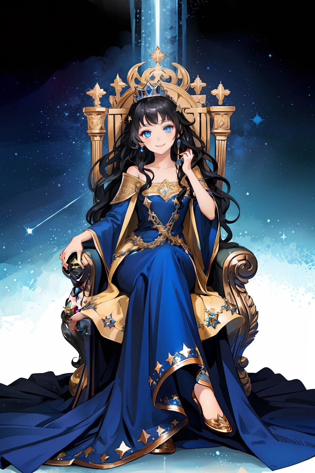 (best quality), starry background, 1 girl sitting on a throne, blue eyes, cold gaze, shining eyes, mischievous smile, black hair, long wavy hair, princess, long dress,