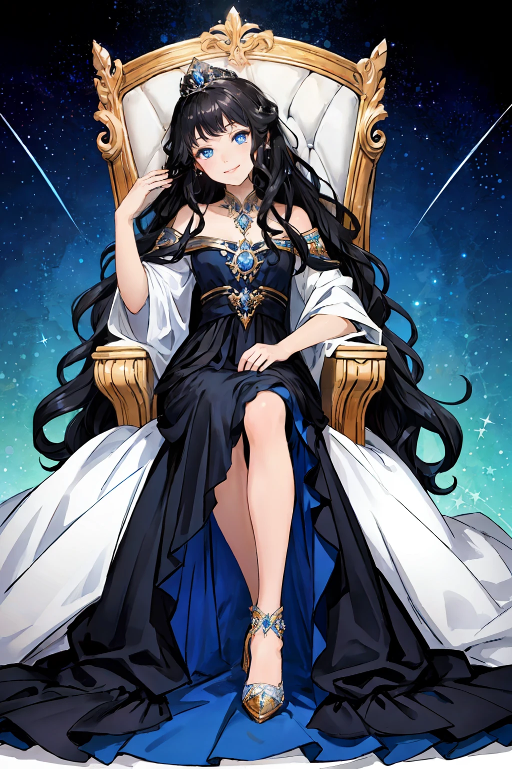 (best quality), starry background, 1 girl sitting on a throne, blue eyes, cold gaze, shining eyes, mischievous smile, black hair, long wavy hair, princess, elegant long dress,