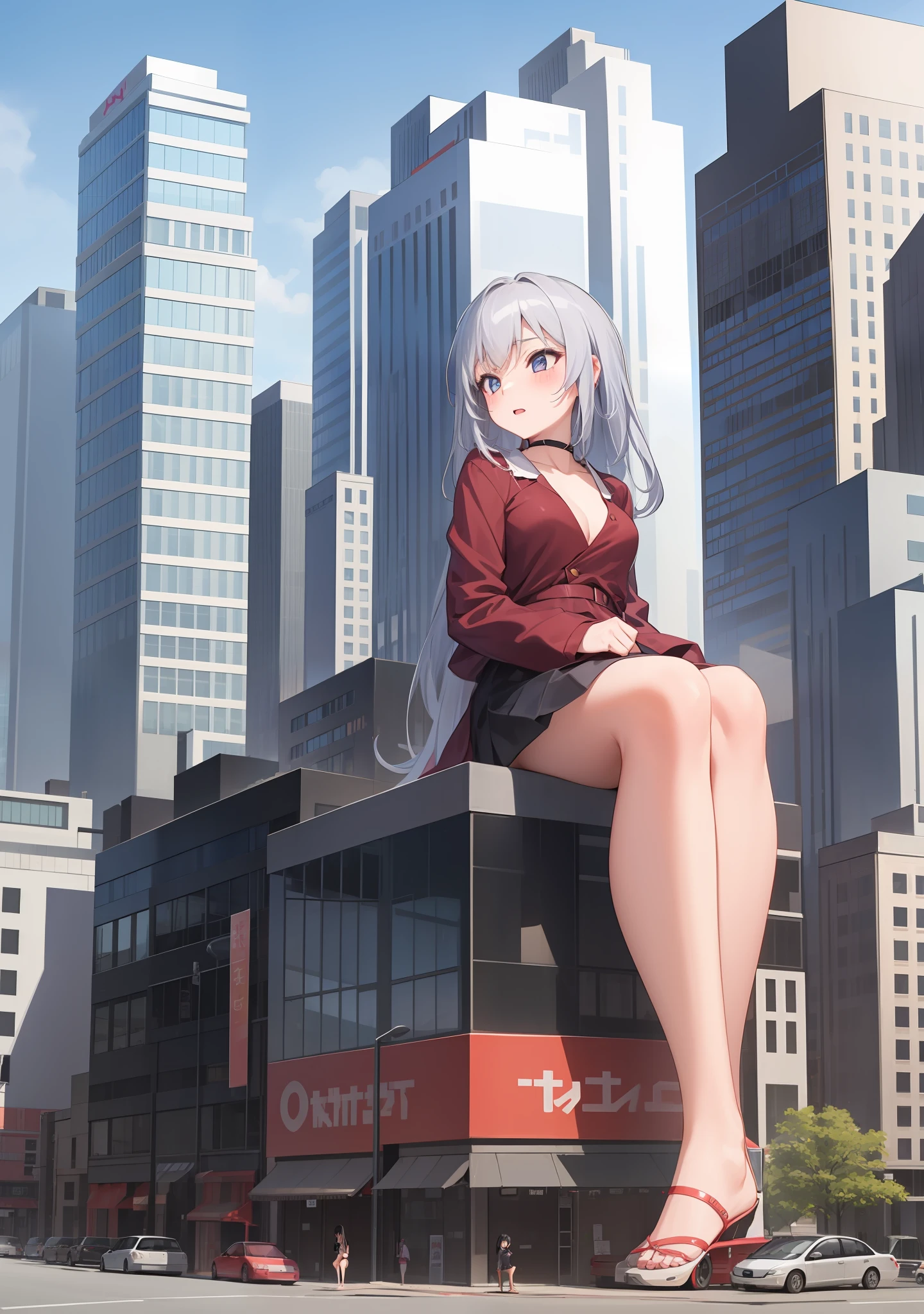 1girl, gtscity, A beautiful girl sitting against a small building as she looks down at tiny people in a tiny city, naked, beautiful, barefoot, detailed, anime style, detailed