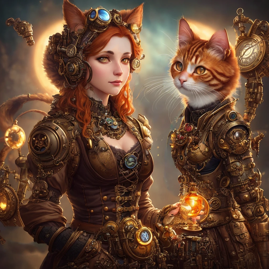 whimsical detailed steampunk ginger woman, bold colors, contrast, intricate fantasy extremely hyperdetailed, studio photography, backlight, oil painting, octane render, hyperrealistic, 8K, Hasselblad, ornately detailed, pretty face, photorealistic, octane render, Artgerm, WLOP, tom bagshaw, magali villenueve