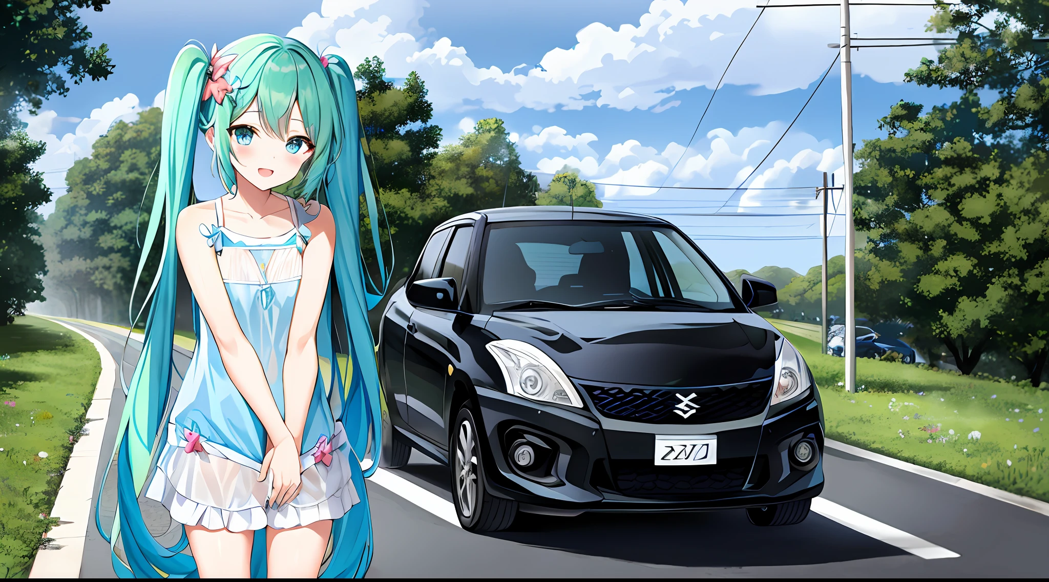 buruaka miku, 1girl, anime, cute, masterpiece, solo, best quality, long hair, looking at viewer, blush, smile, open mouth, bangs, blue eyes, twintails, very long hair, collarbone, arms on hips, aqua blue hair, hair ornament, standing next to a Suzuki Swift 1.3 GLS Sport IV 2000, Suzuki Swift 1.3 GLS Sport IV 2000, distant view, car, swimsuit, frills, painting style, barefoot, cloudy, detailed digital anime art, storm lightning, storm, raining, wet clothes, see through clothes