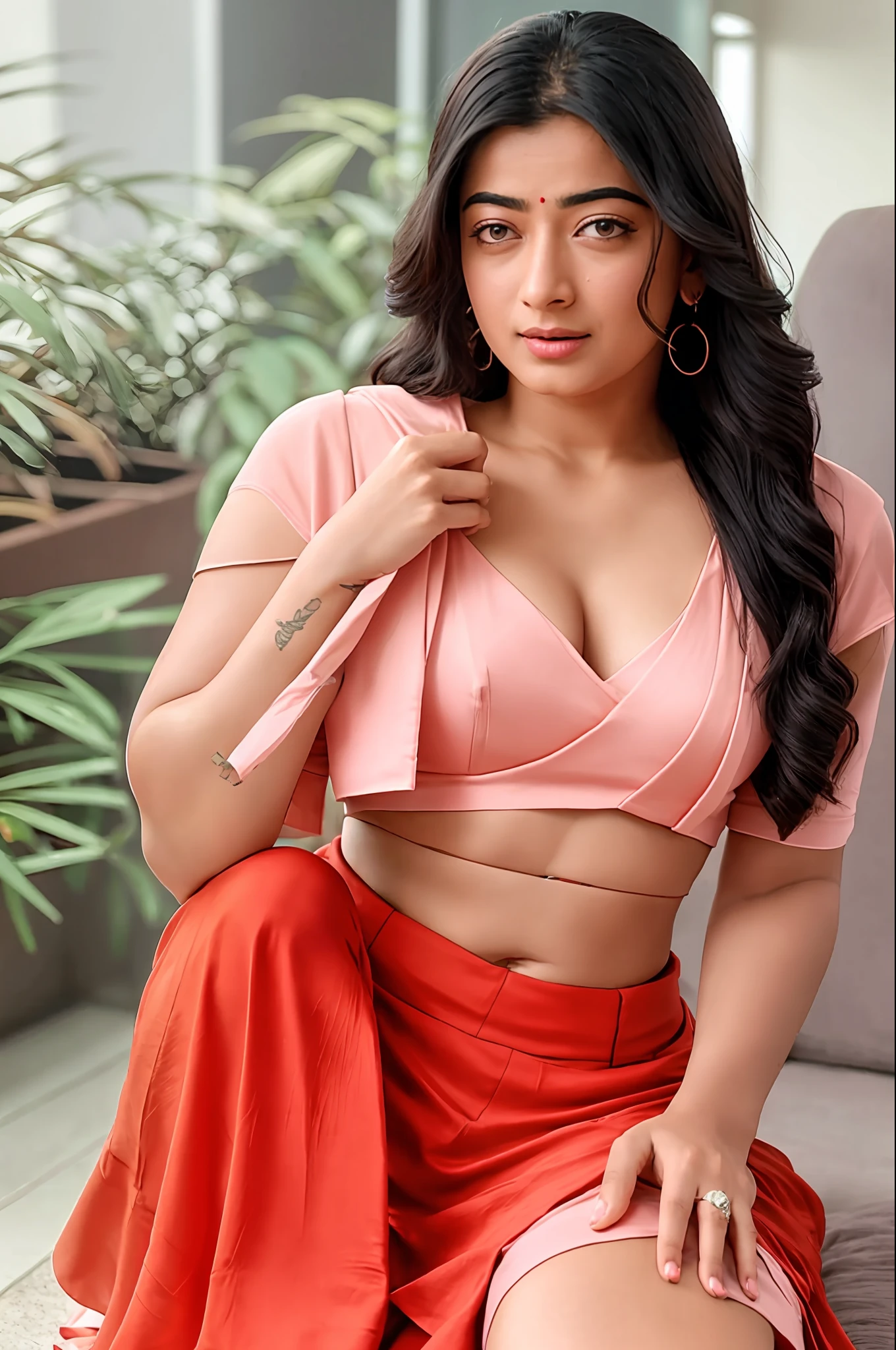 rashmika mandana in red bra, kneeling, downblouse, deep cleavage, big boobs