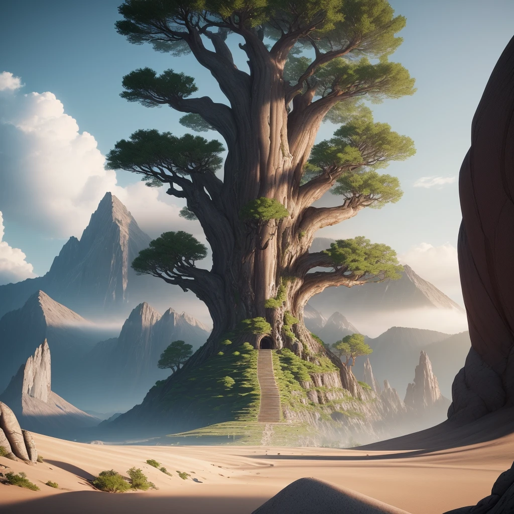 Zebaoth, giant epic fantasy tree, massive mountains, cinematic shot, Wide-angle view, realistic,detailed skin, 8k, trending on artstation,smooth,3d animation --ar 2:1 --v 5 --q 2 --s 750