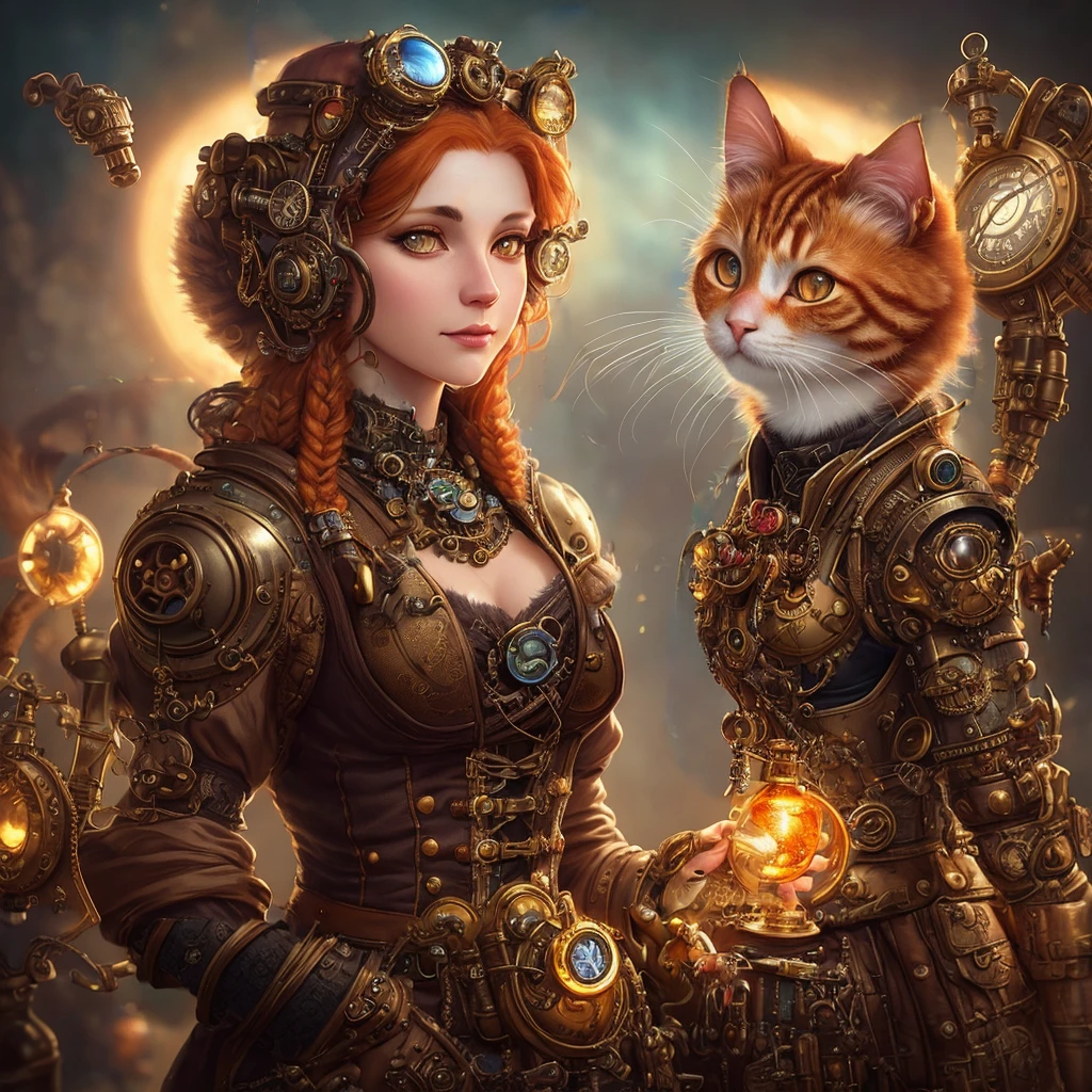 whimsical detailed steampunk ginger woman and ginger cat, bold colors, contrast, intricate fantasy extremely hyperdetailed, studio photography, backlight, oil painting, octane render, hyperrealistic, 8K, Hasselblad, ornately detailed, pretty face, photorealistic, octane render, Artgerm, WLOP, tom bagshaw, magali villenueve