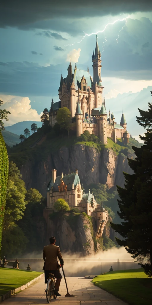 boy in the distance riding a broomstick with castle in the distance, green lightning following him