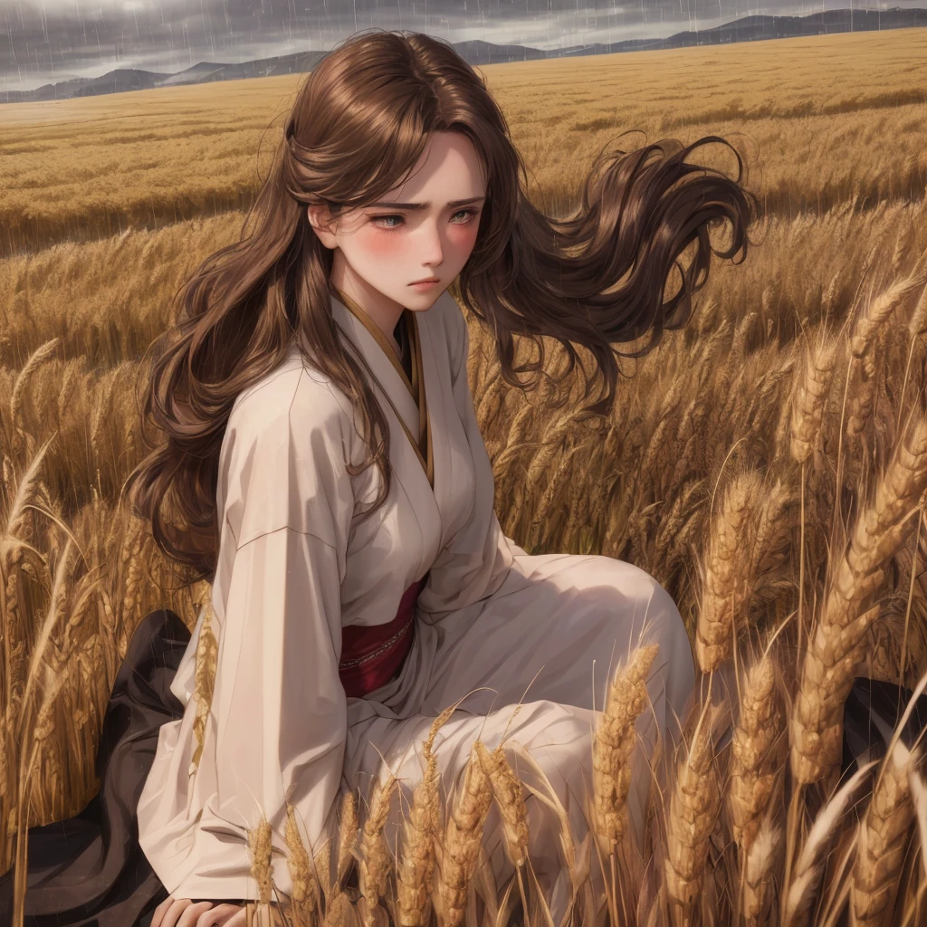 masterpiece, high detailed, high resolution, 4k, (1girl, solo, samurai armor, sad, depressed, mourning, brown long hair, blush, no helmet, fit, on knees, pretty eyes, beautiful face), (rainy, wheat field, cloudy, sword in the ground), arms on knee, hair blowning, (perfect fingers)
