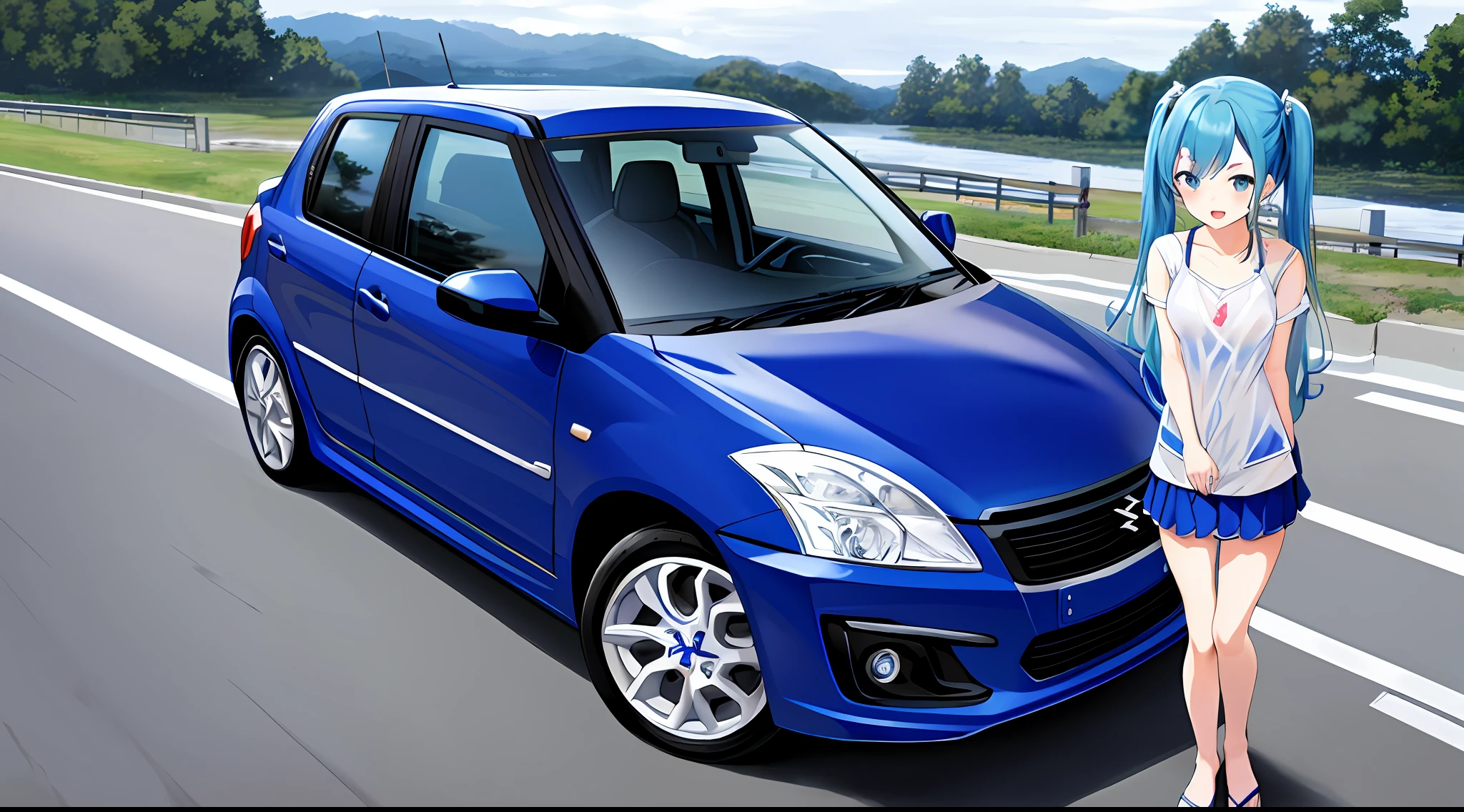 buruaka miku, 1girl, anime, cute, masterpiece, solo, best quality, long hair, looking at viewer, blush, smile, open mouth, bangs, blue eyes, twintails, very long hair, collarbone, arms on hips, aqua blue hair, hair ornament, standing next to a Suzuki Swift 1.3 GLS Sport IV 2000, Suzuki Swift 1.3 GLS Sport IV 2000, distant view, car, swimsuit, frills, painting style, barefoot, cloudy, detailed digital anime art, storm lightning, storm, raining, wet clothes, see through clothes